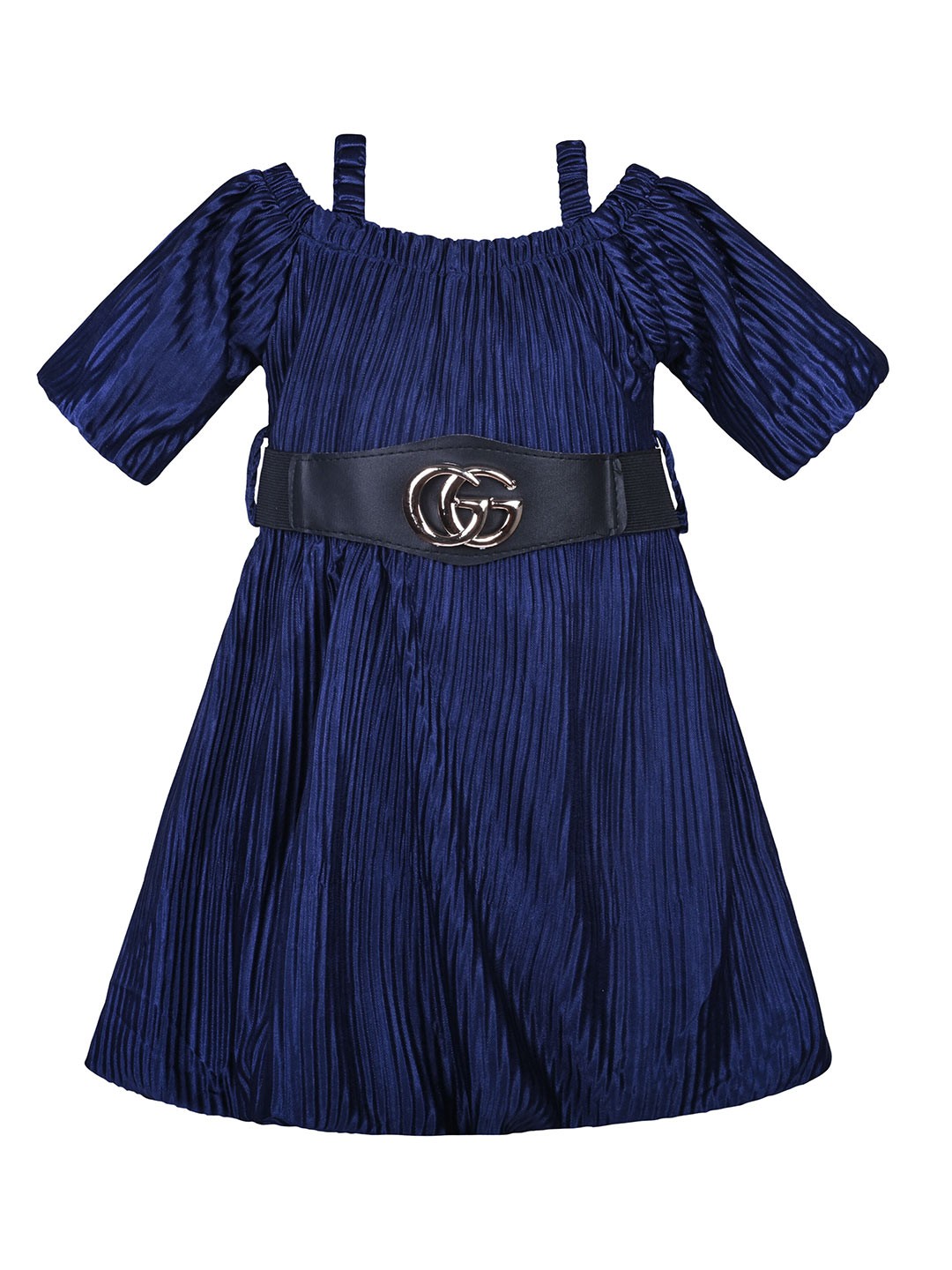 

Wish Karo Girls Silk Lycra Pleated Fit & Flare Dress With Belt, Navy blue