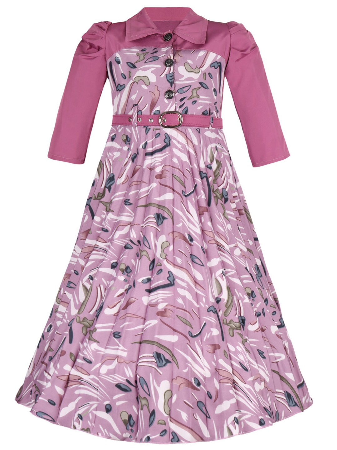 

Wish Karo Girls Abstract Printed Puff Sleeve Satin Fit & Flare Maxi Dress, Purple