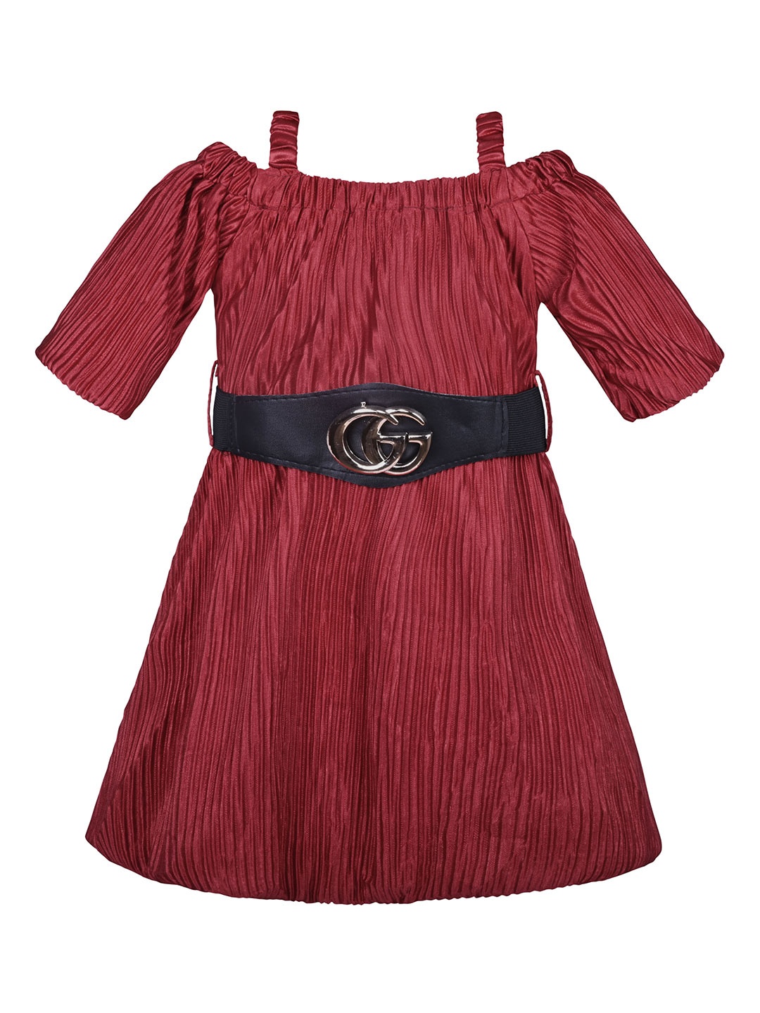 

Wish Karo Girls Self Design Cold-Shoulder Sleeves Silk Fit & Flare Dress, Maroon