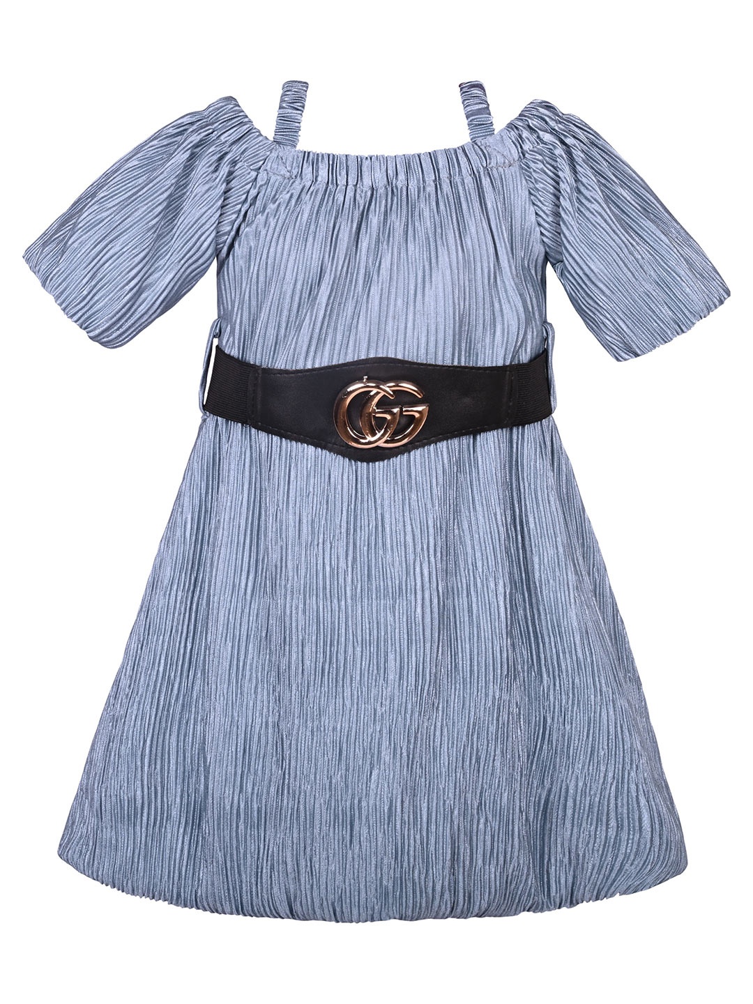 

Wish Karo Girls Silk Lycra Pleated Fit & Flare Dress With Belt, Grey