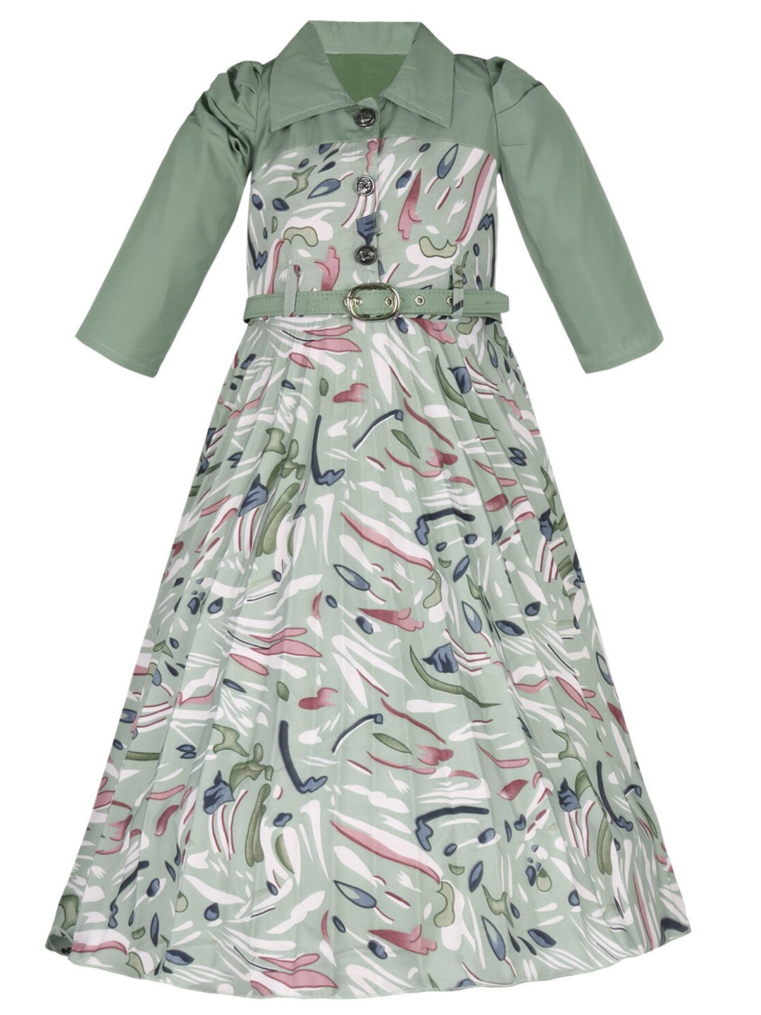 

Wish Karo Green Print Satin A-Line Maxi Dress