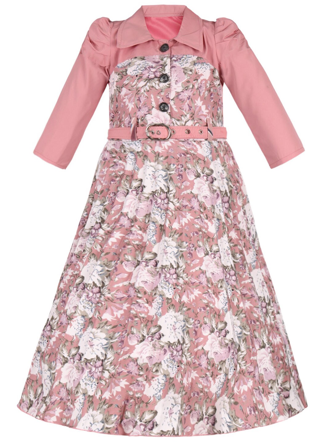 

Wish Karo Girls Floral Printed Shirt Collar Satin Maxi Dress With Belt, Peach