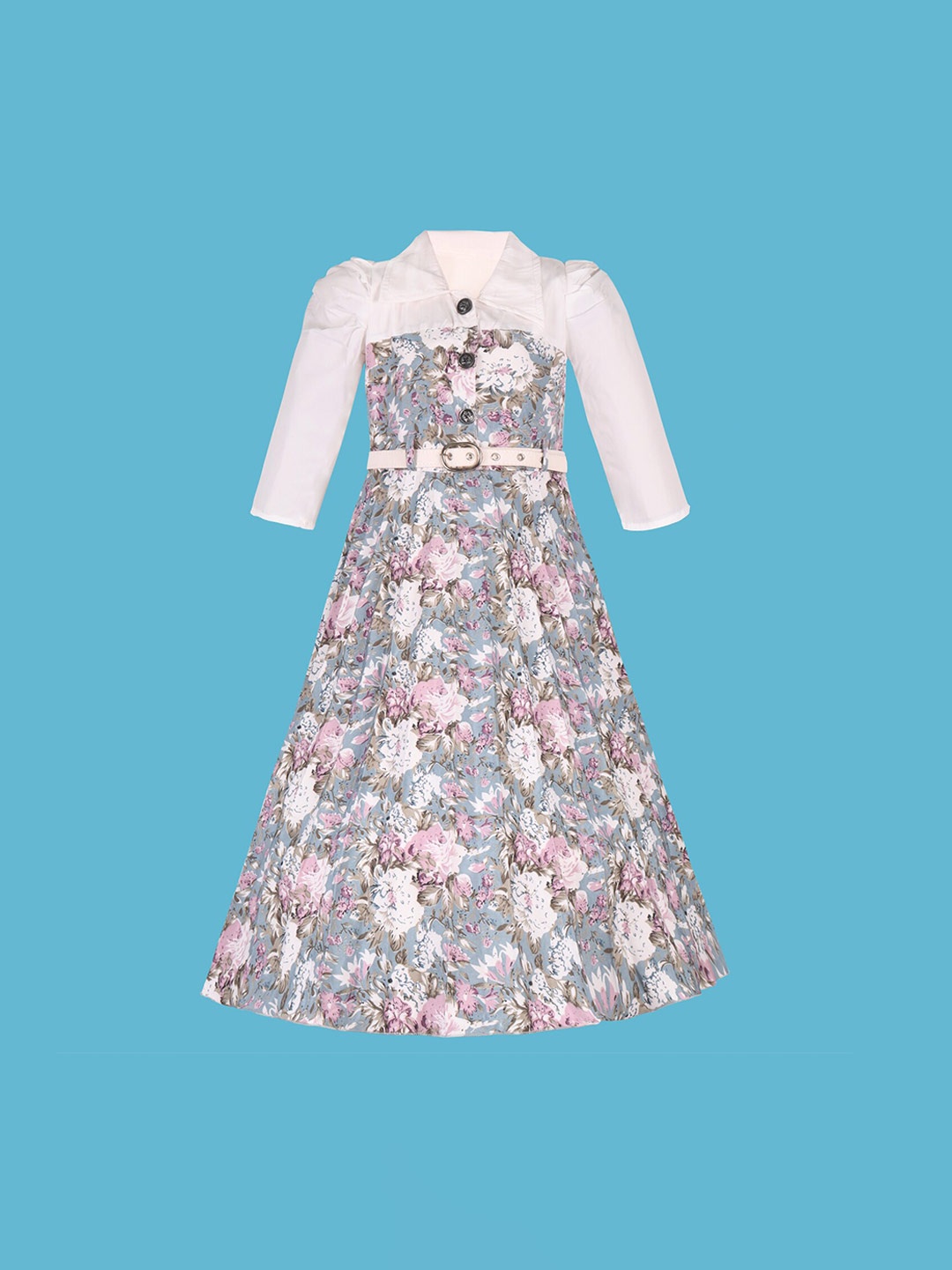 

Wish Karo Girls Floral Printed Shirt Collar Silk A-Line Dress, White