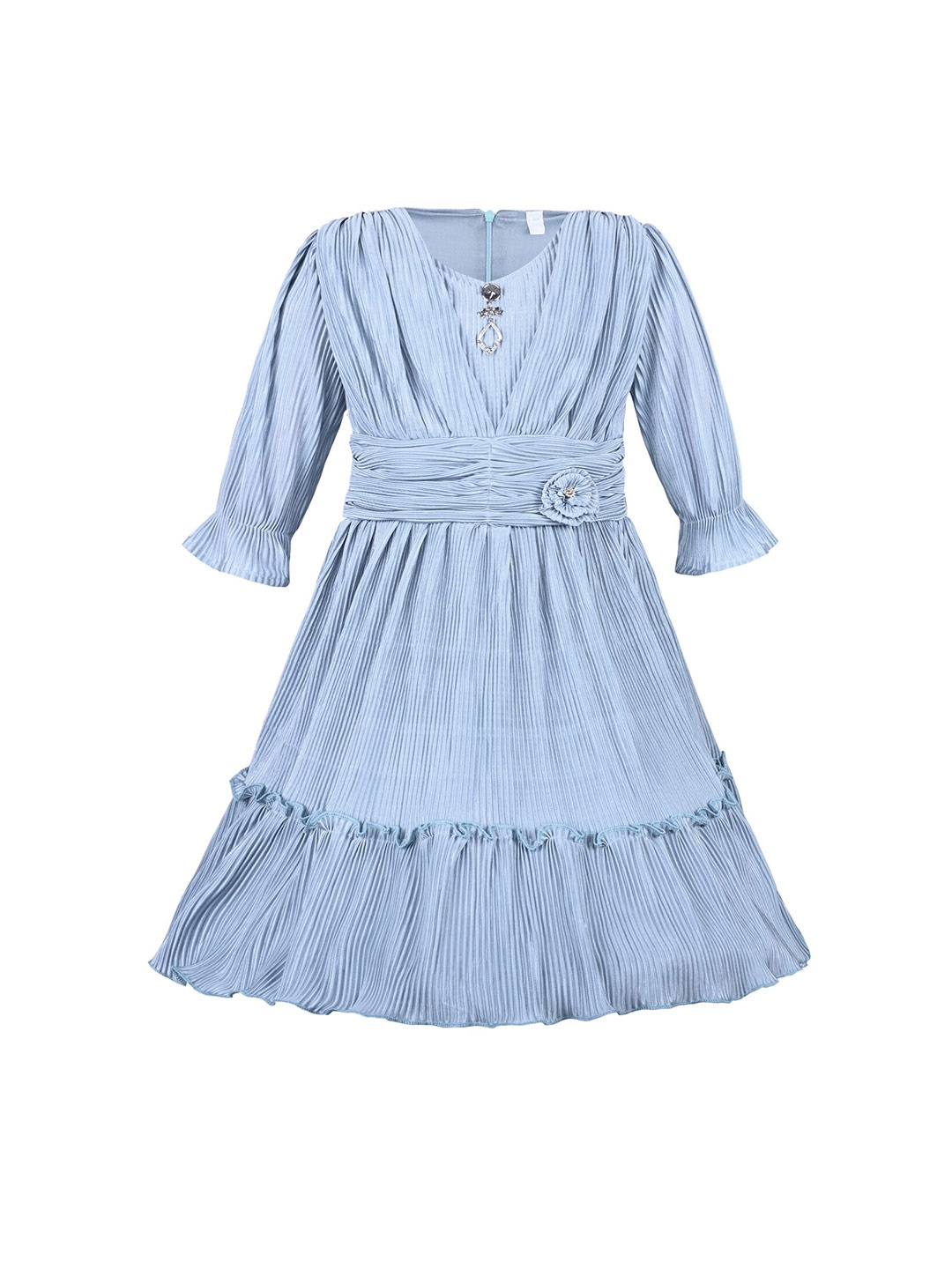 

Wish Karo Girls Self Design Bell Sleeves Silk Fit & Flare Dress, Grey