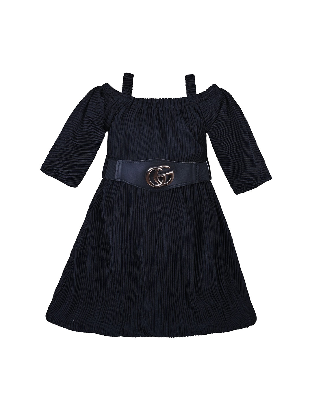

Wish Karo Off-Shouler Textured Satin Belted Fit & Flare Dress, Navy blue