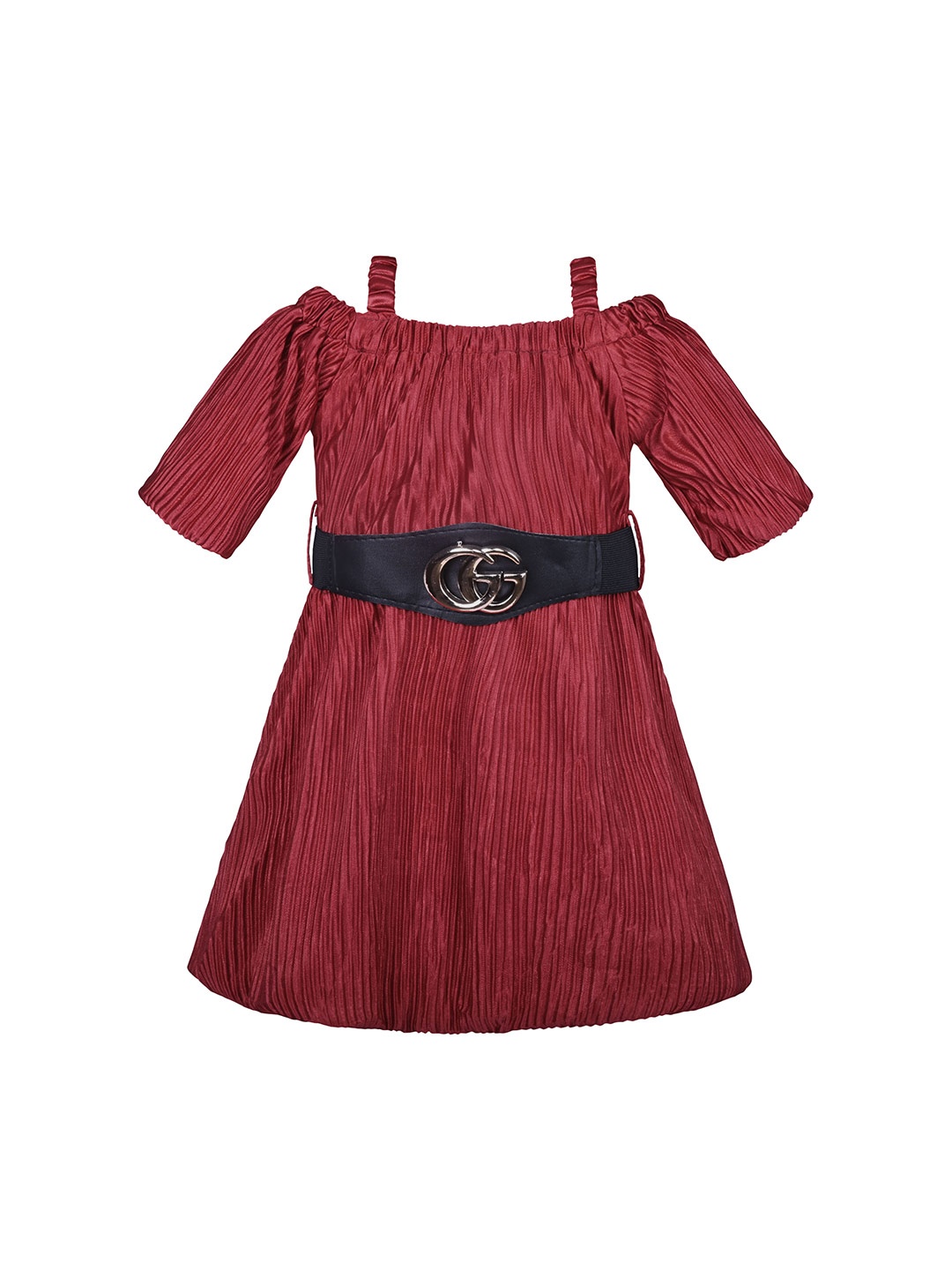 

Wish Karo Girls Silk Lycra Pleated Fit & Flare Dress With Belt, Maroon
