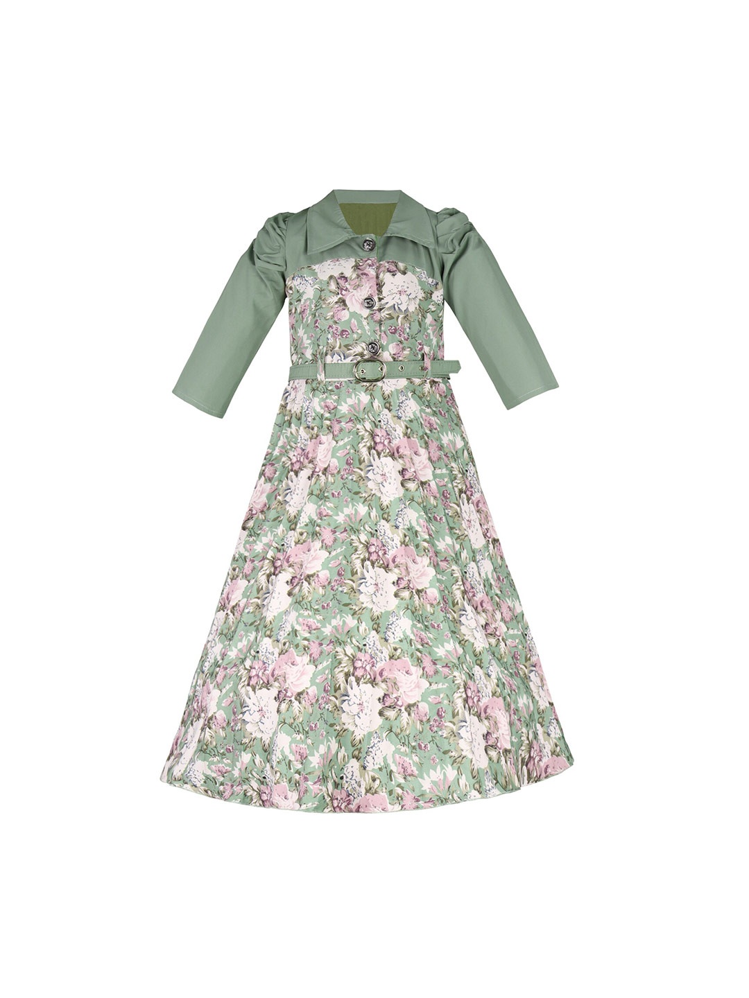 

Wish Karo Green Print Satin A-Line Maxi Dress