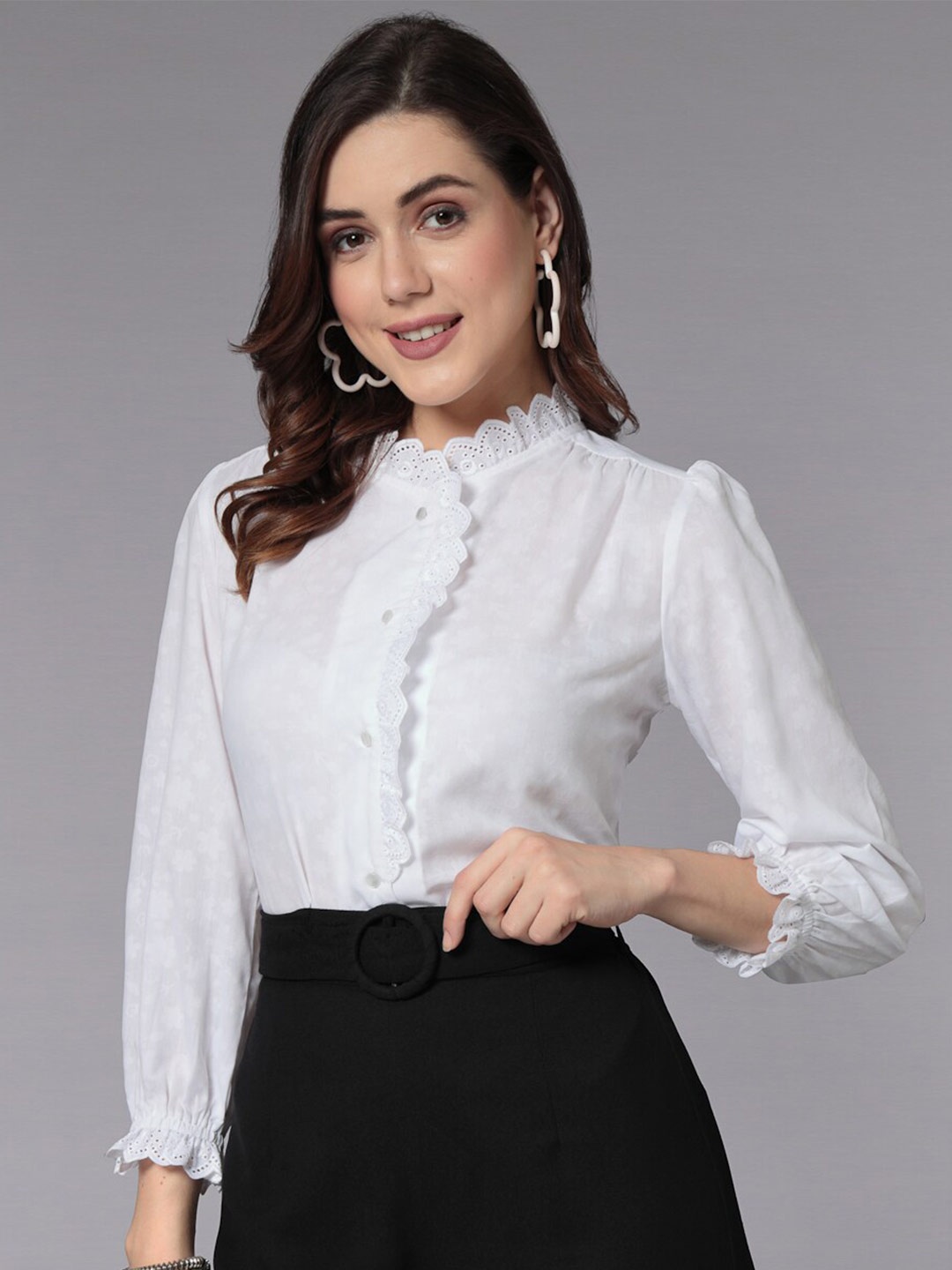 

Style Quotient Floral Printed High Neck Cuffed Sleeves Shirt Style Top, White