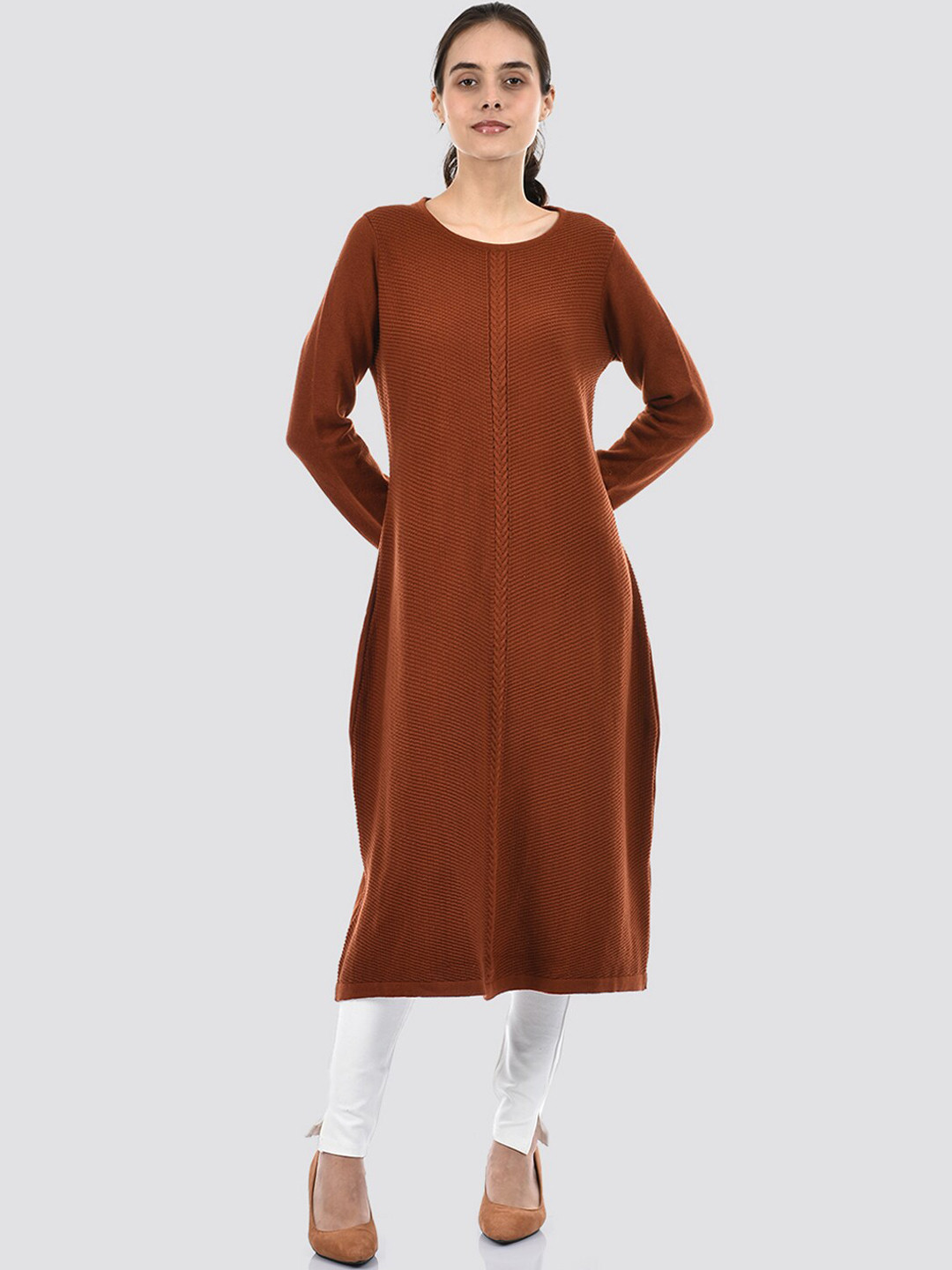 

American Eye Striped Woven Design Acrylic Straight Kurta, Brown