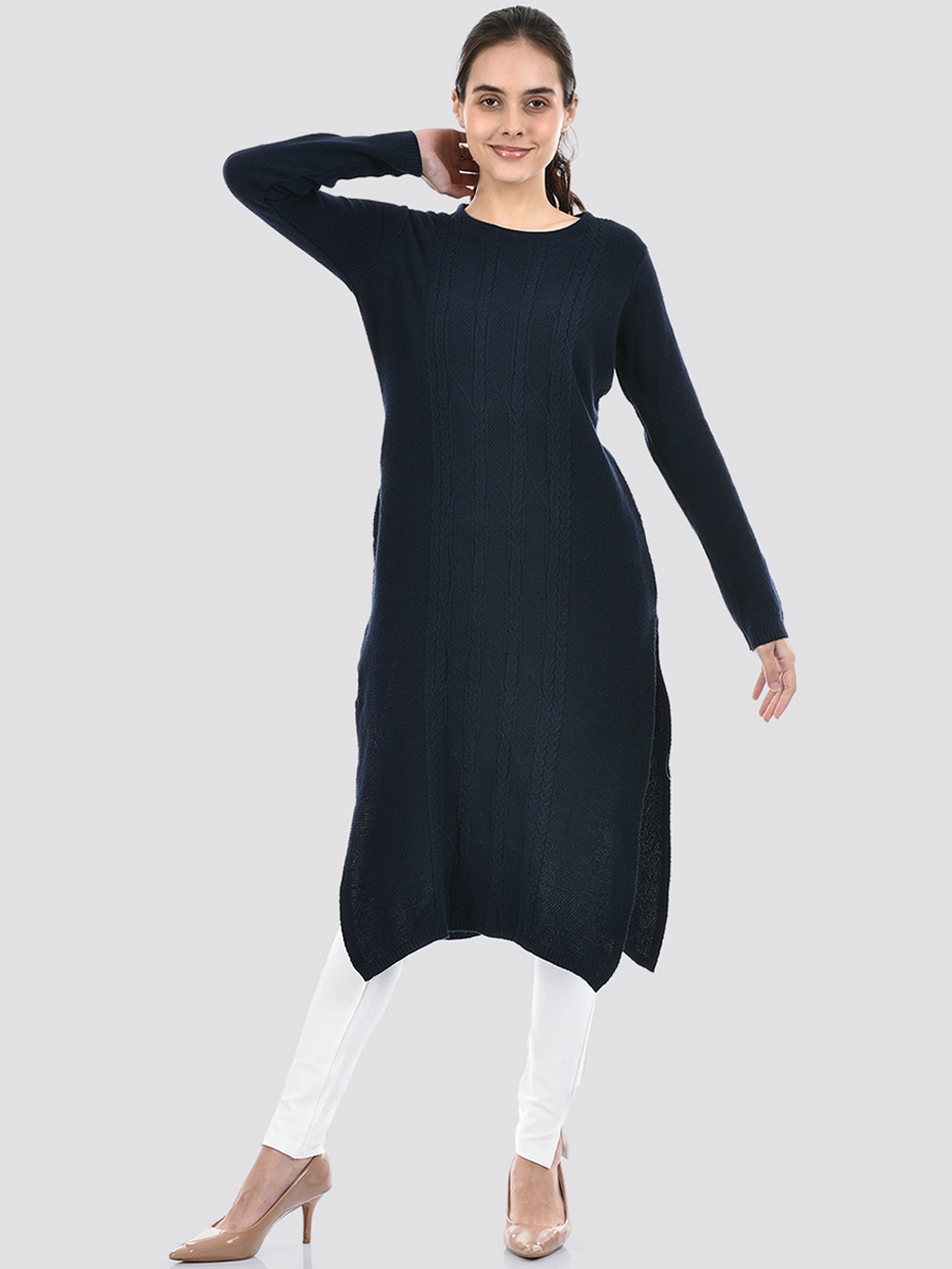 

American Eye Striped Woven Design Acrylic Straight Kurta, Navy blue
