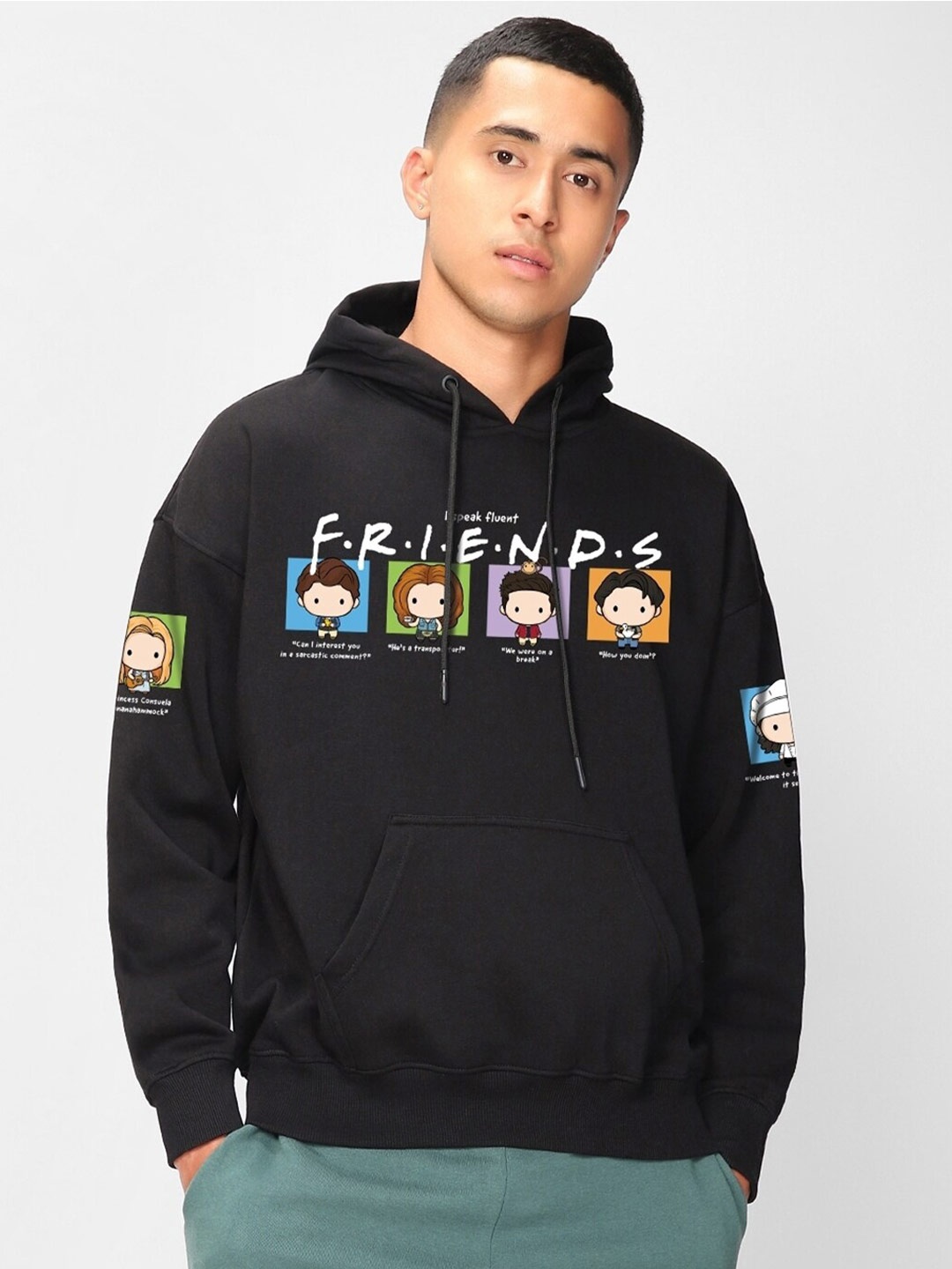 

Bewakoof Official Friends Merchandise Printed Oversized Fleece Hooded Pullover Sweatshirt, Black