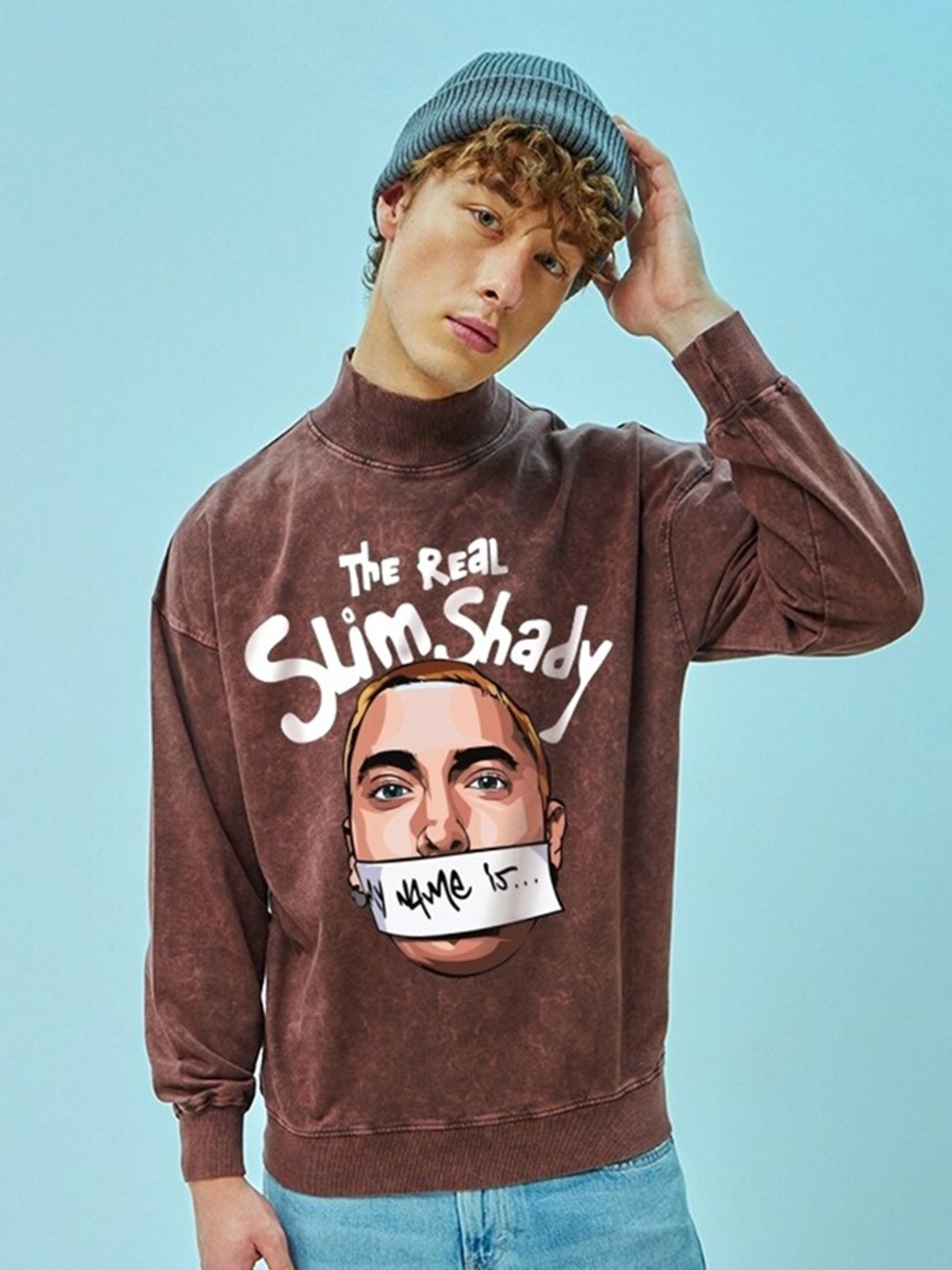 

Bewakoof Maroon Real Slim Shady Printed Mock Collar Oversized Pullover Sweatshirt