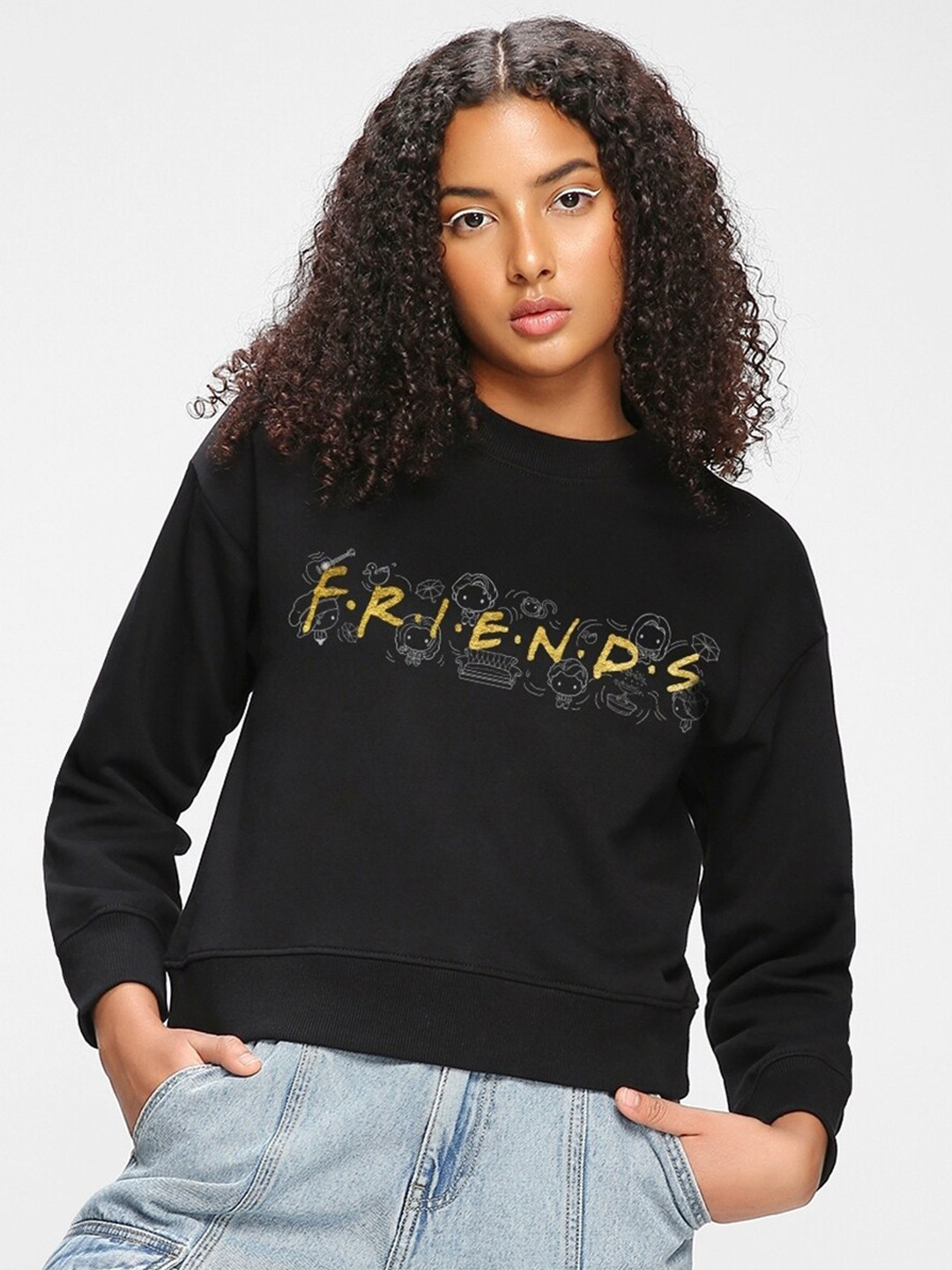 

Bewakoof Black Friends Printed Drop-Shoulder Sleeves Oversized Sweatshirt