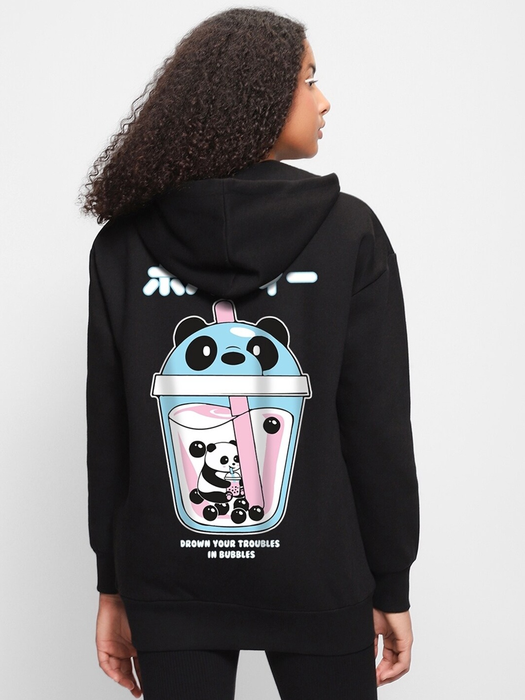 

Bewakoof Black Bubble Panda Printed Hooded Long Sleeves Oversized Pullover Sweatshirt