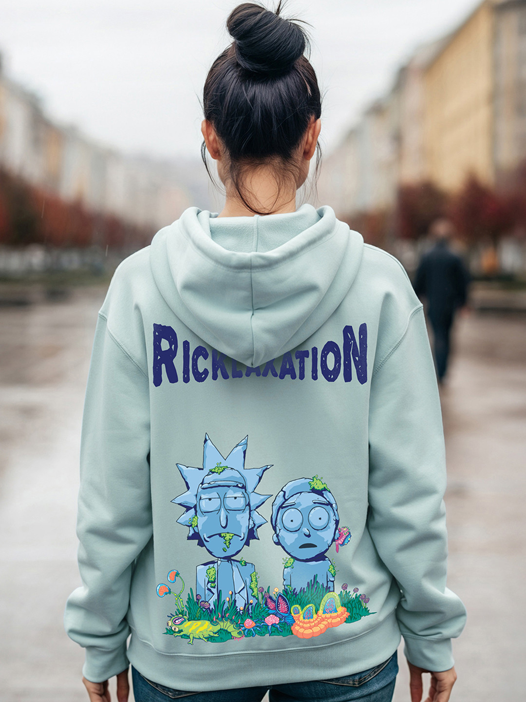 

Bewakoof Grey Rick & Morty Printed Hooded Drop-Shoulder Sleeves Oversized Sweatshirt