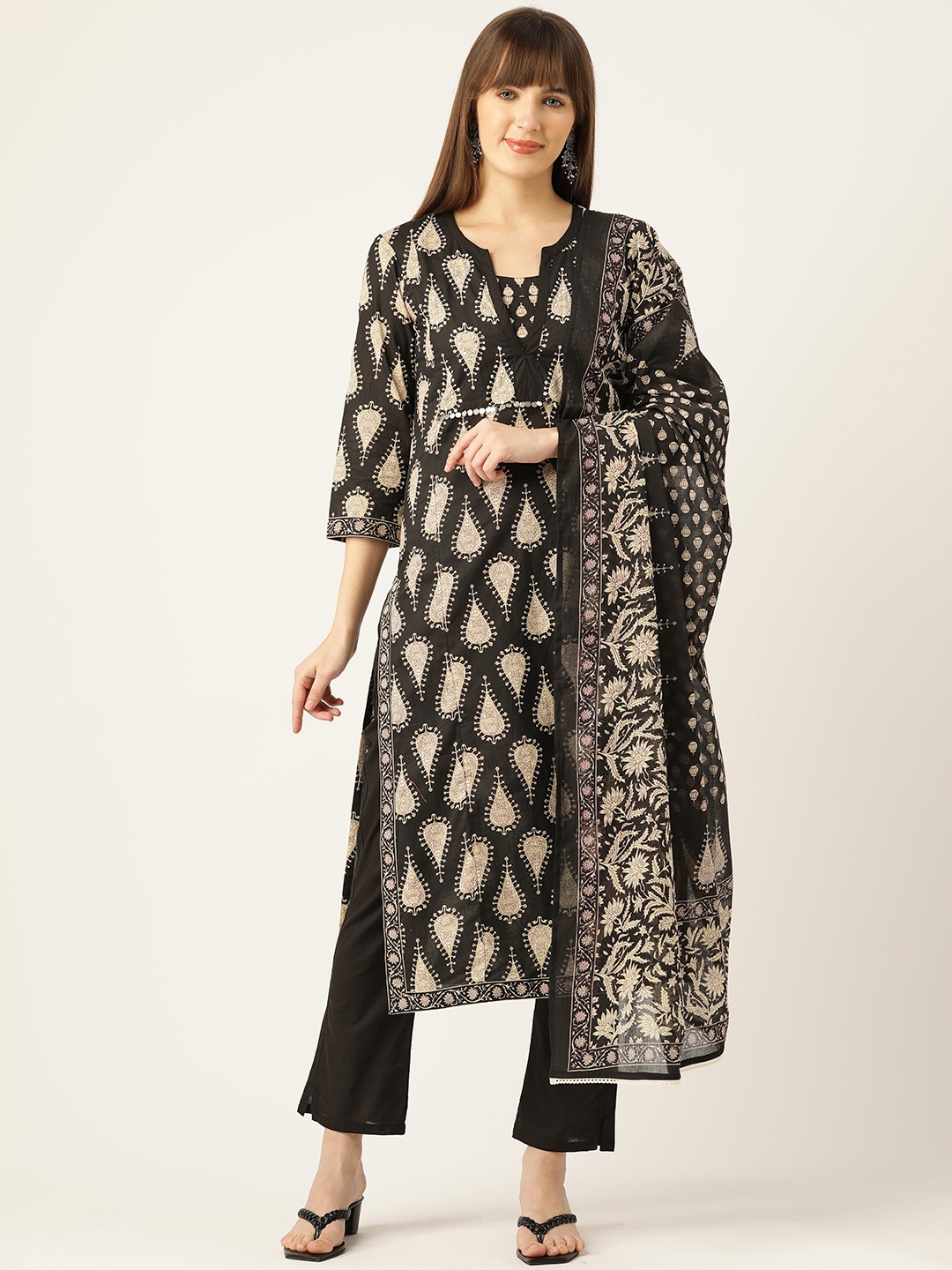 

Jaipur Morni Ethnic Motifs Printed Sequinned Pure Cotton Kurta with Trousers & Dupatta, Black