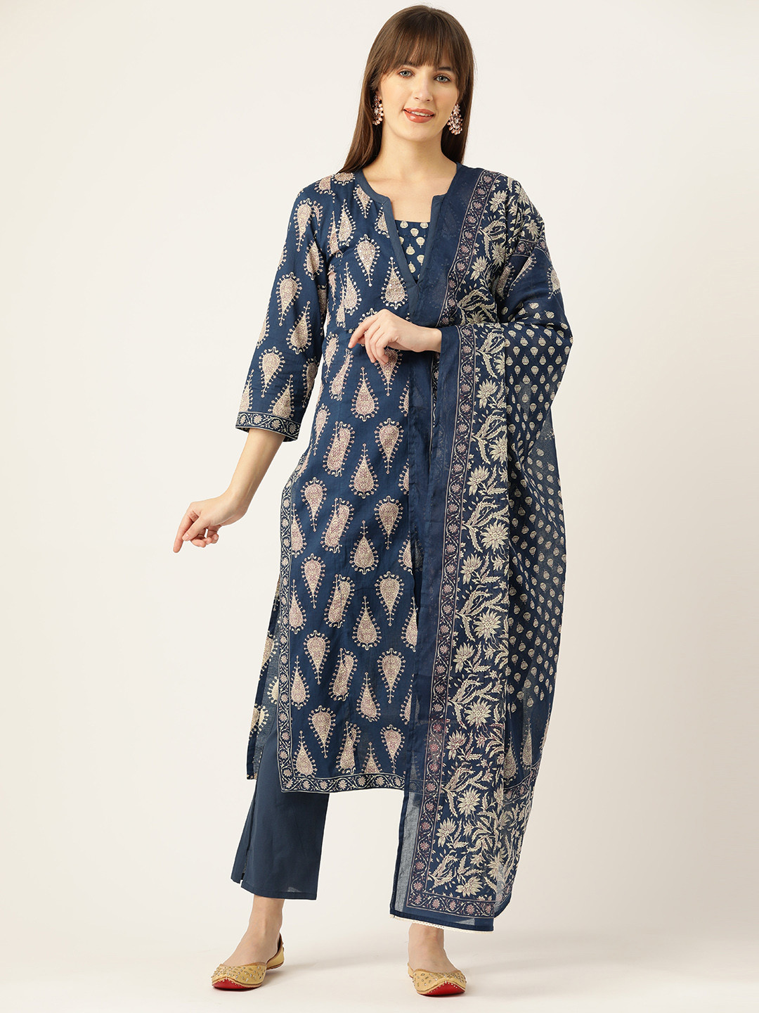 

Jaipur Morni Ethnic Motifs Printed Sequinned Pure Cotton Kurta with Trousers & Dupatta, Navy blue