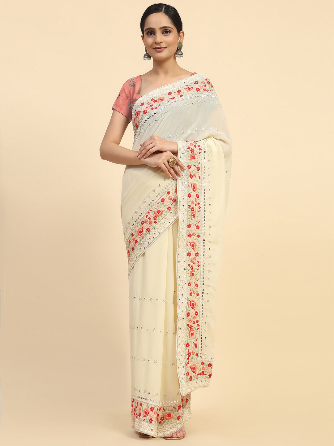 

Vastrasky Global Floral Embroidered Mirror Work Pure Georgette Saree, Cream
