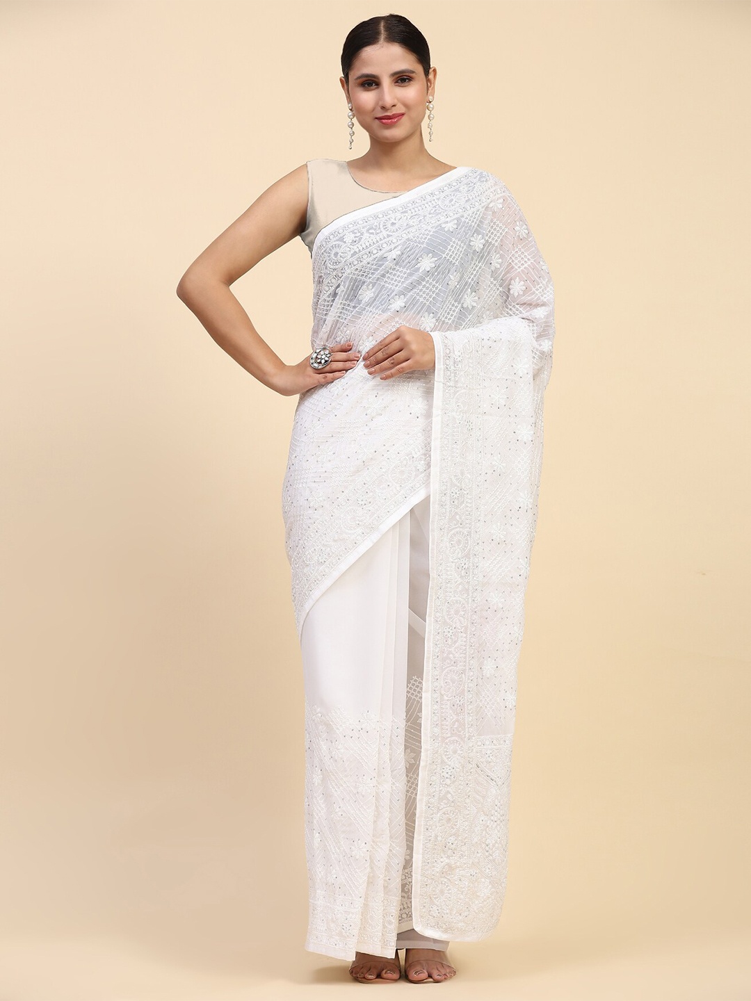 

Vastrasky Global Floral Embroidered Sequined Pure Georgette Saree, White