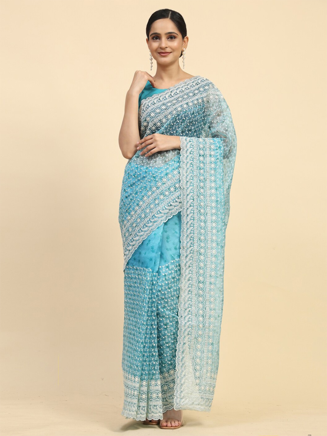 

Vastrasky Global Ethnic Motifs Embroidered Organza Saree, Blue