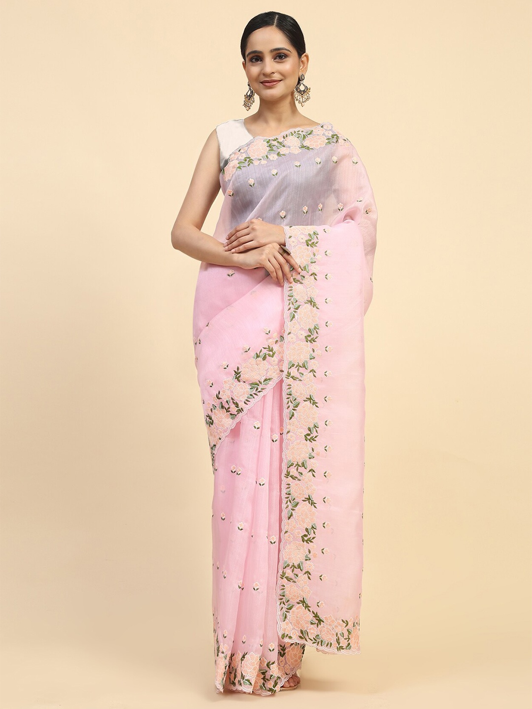 

Vastrasky Global Floral Embroidered Satin Saree, Pink