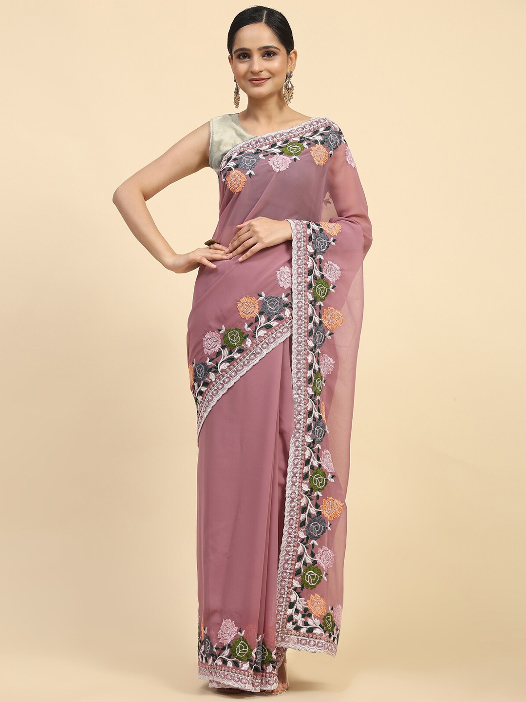 

Vastrasky Global Embroidered Detailed Pure Georgette Saree, Mauve