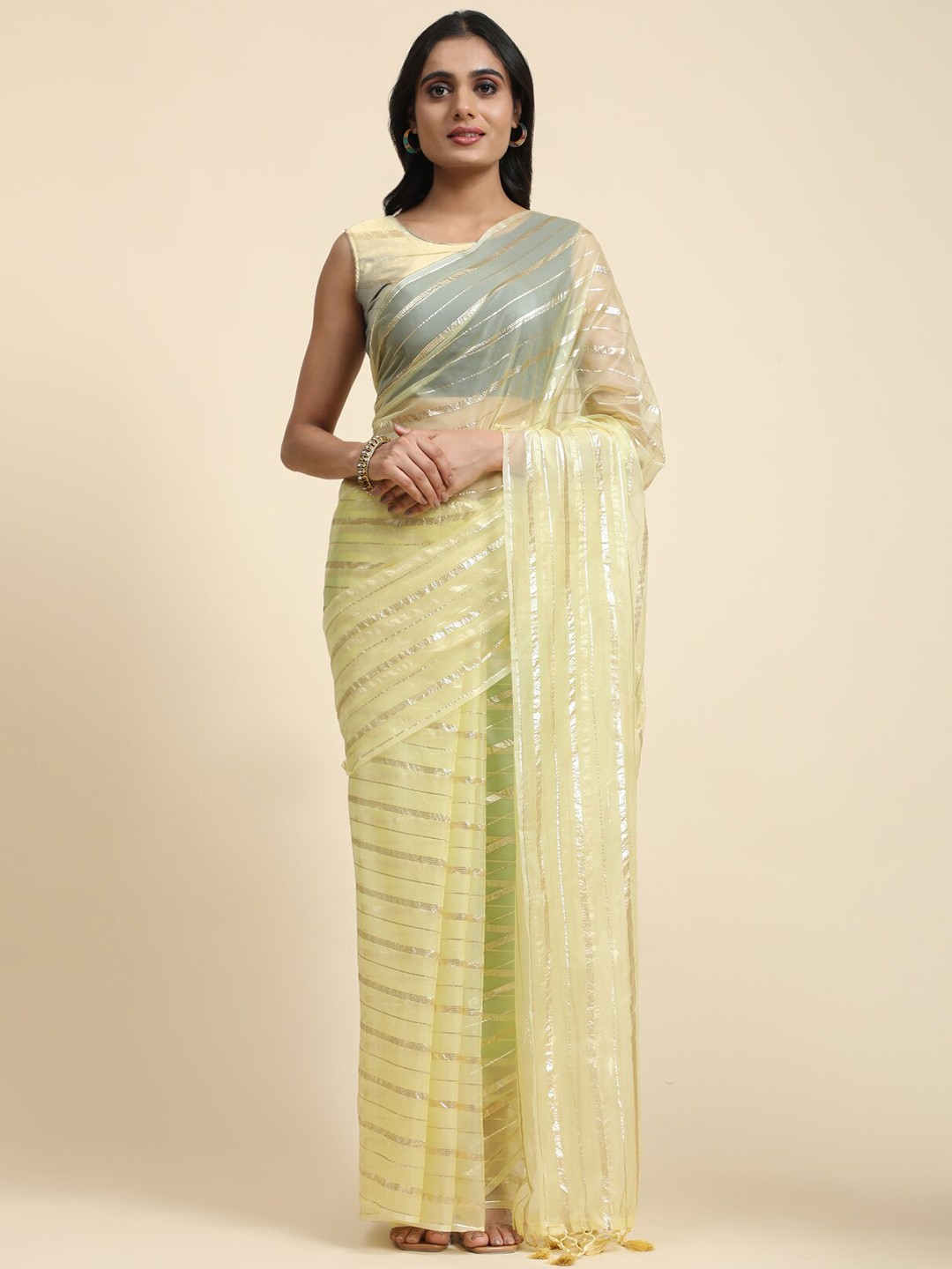 

Vastrasky Global Striped Woven Design Organza Saree, Yellow