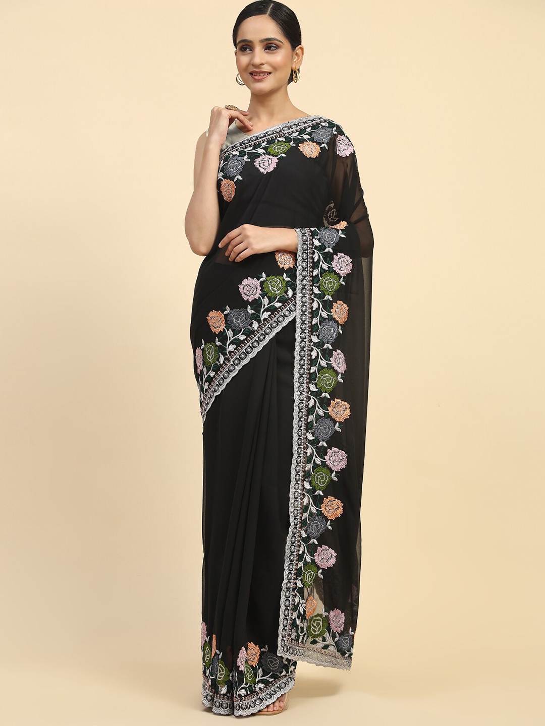 

Vastrasky Global Embroidered Pure Georgette Saree, Black