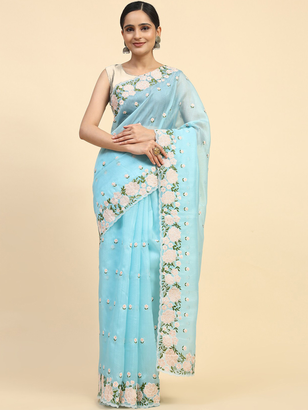 

Vastrasky Global Floral Embroidered Embellished Satin Saree, Blue