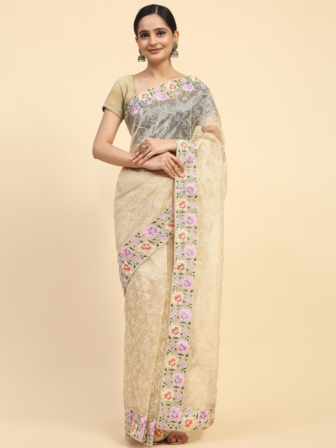 

Vastrasky Global Floral Embroidered Organza Saree, Beige