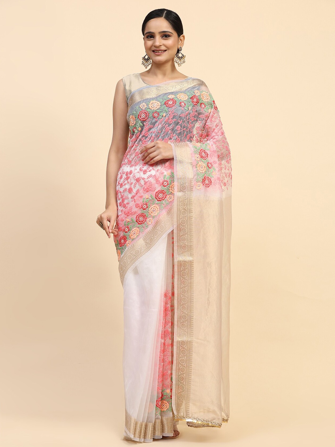 

Vastrasky Global Floral Embroidered Zari Organza Saree, Pink