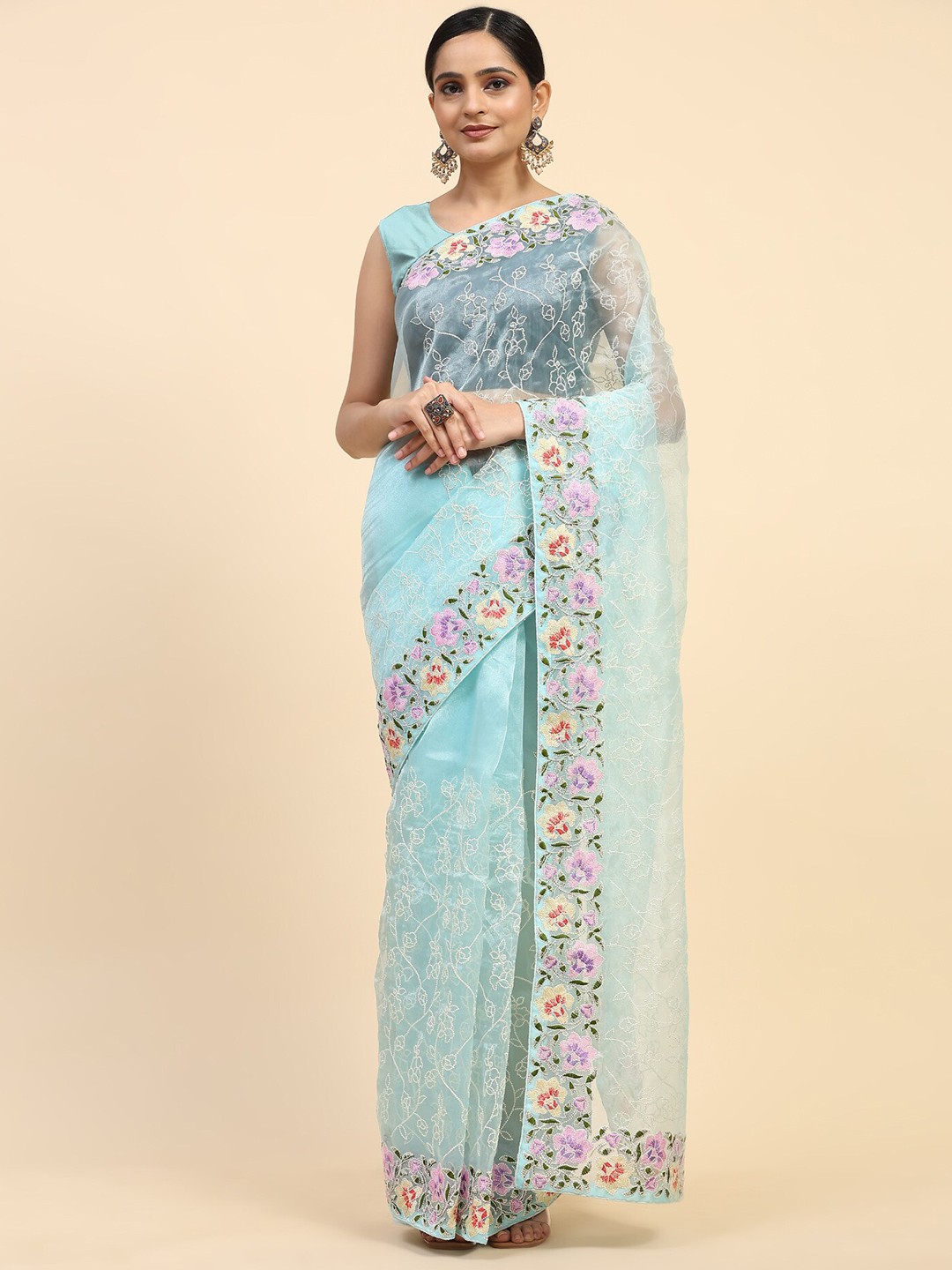 

Vastrasky Global Floral Embroidered Embellished Organza Saree, Blue