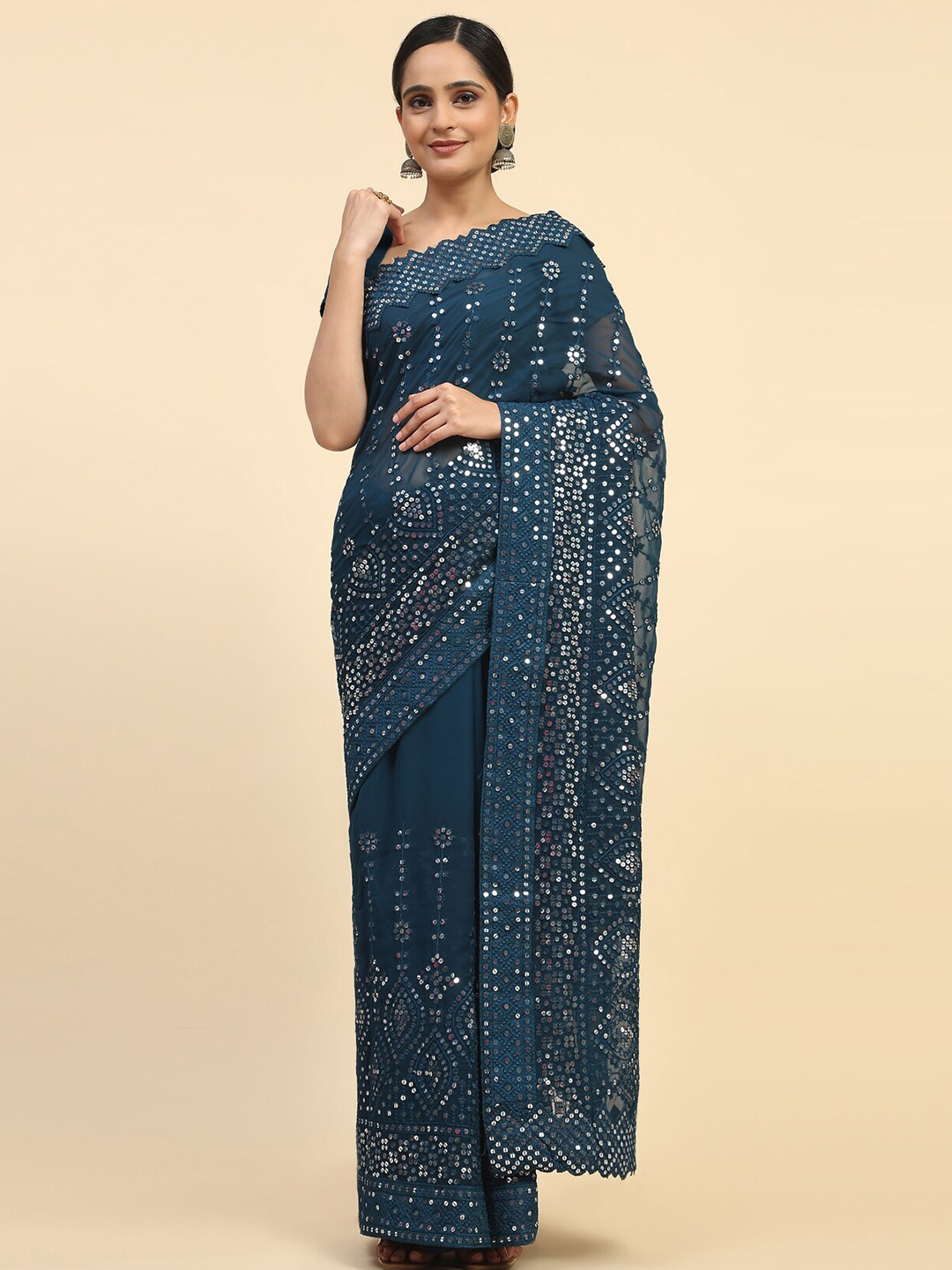 

Vastrasky Global Embellished Sequined Pure Georgette Saree, Teal