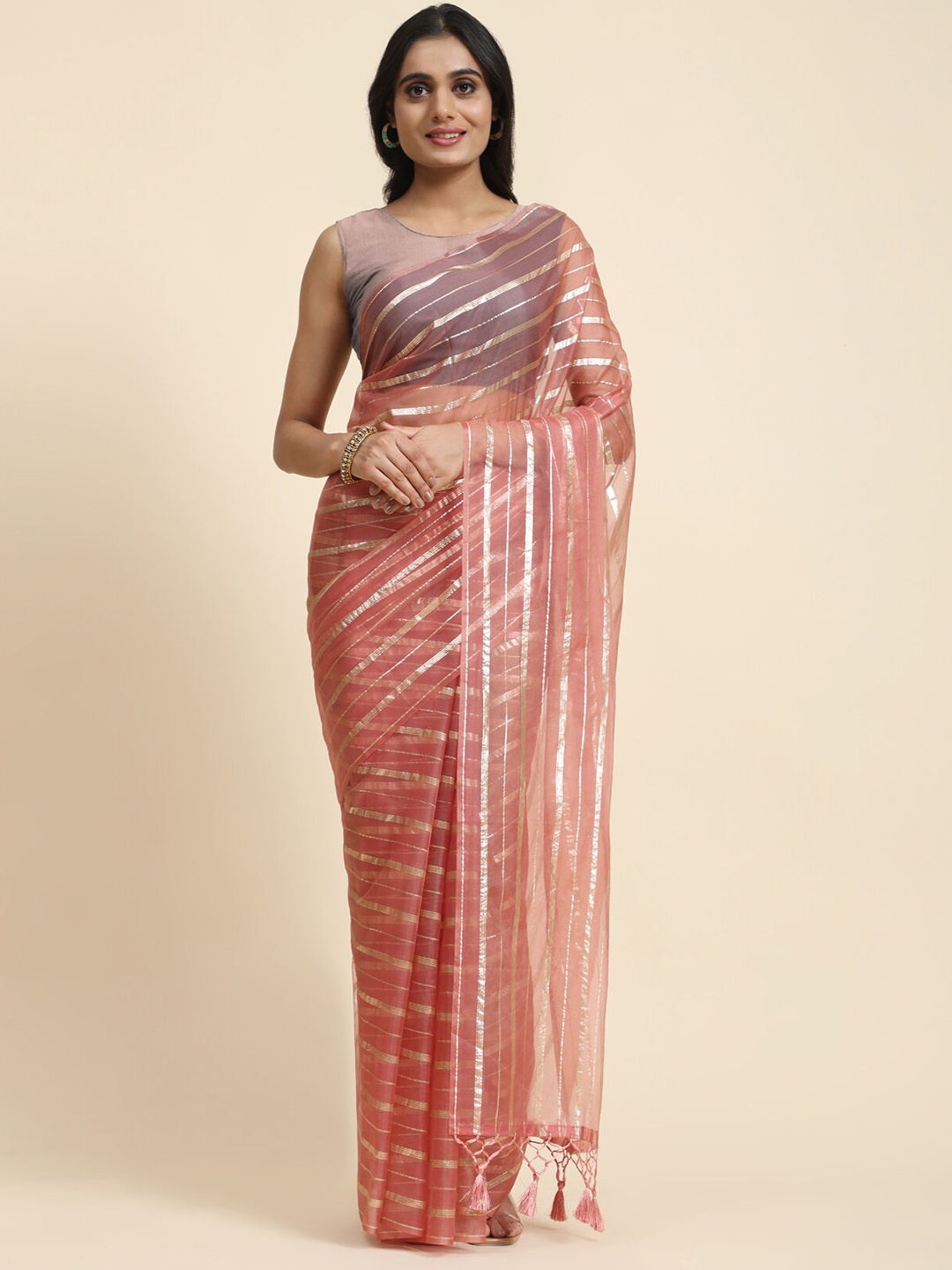 

Vastrasky Global Striped Organza Saree, Peach