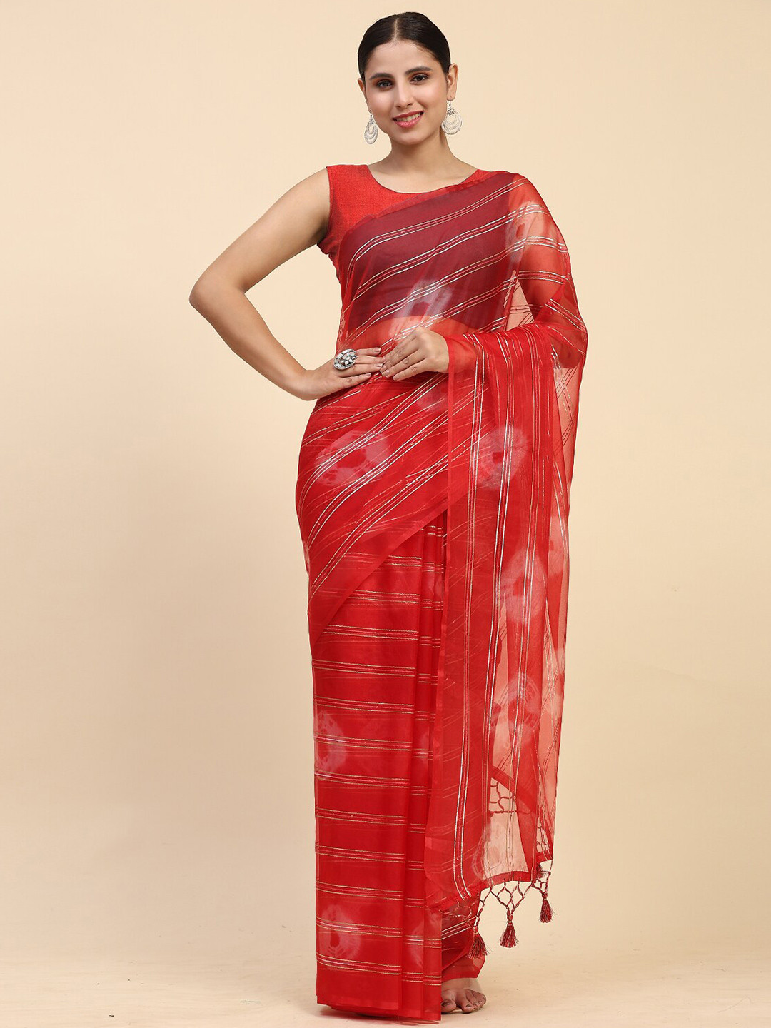 

Vastrasky Global Tie & Dye Dyed Organza Saree, Red