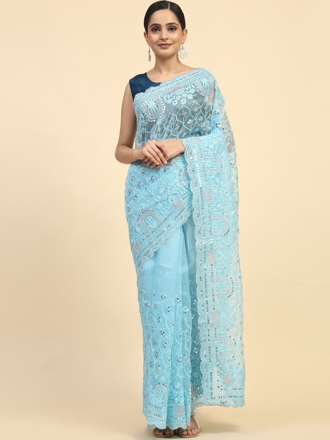 

Vastrasky Global Sequinned Embellished Organza Saree, Blue