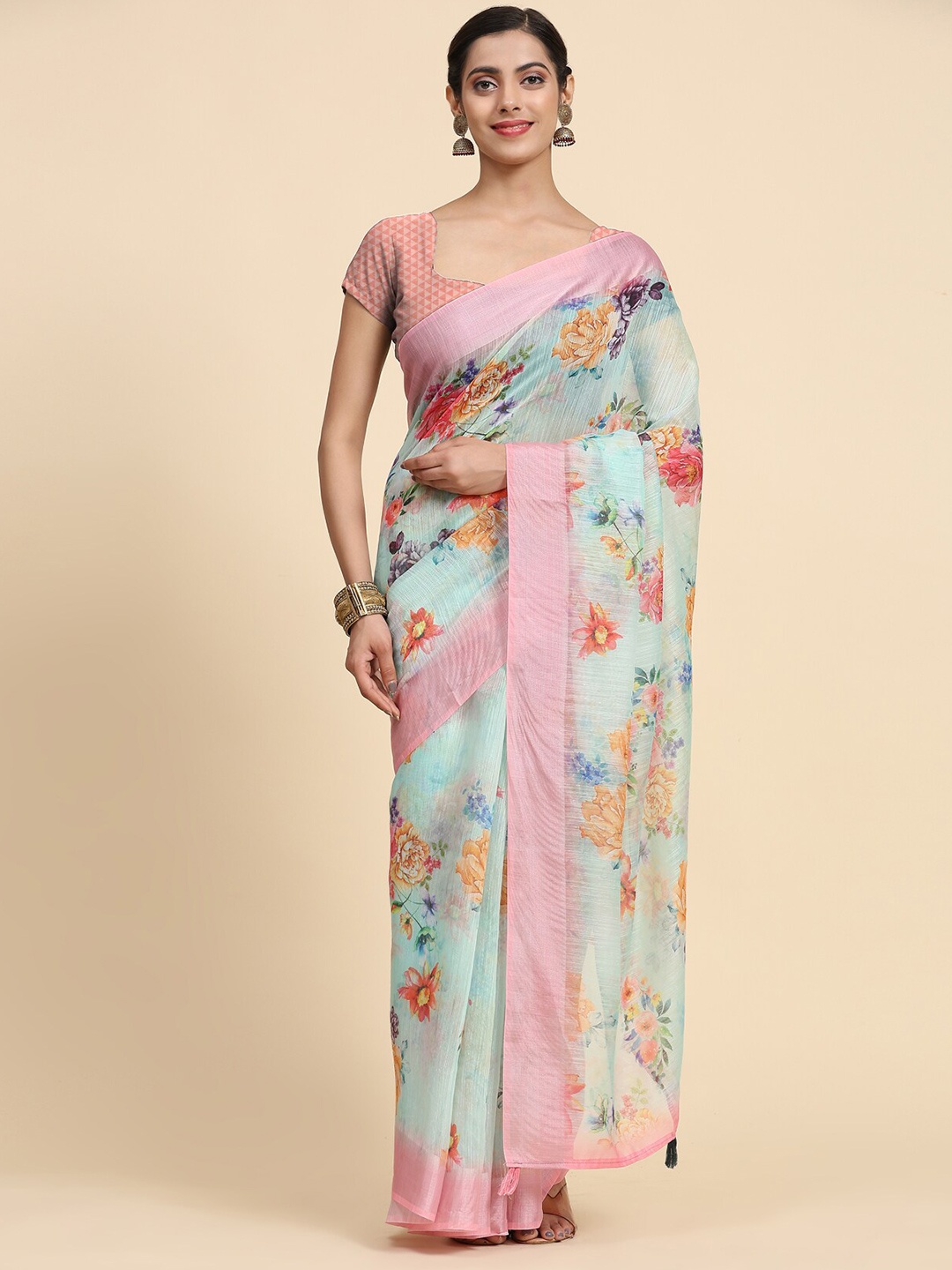 

Vastrasky Global Floral Printed Zari Silk Cotton Saree, Blue