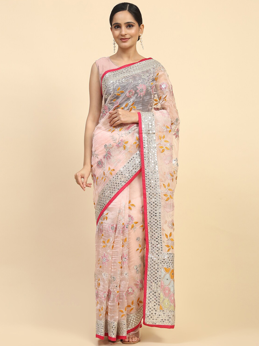 

Vastrasky Global Embellished Embroidered Organza Saree, Pink