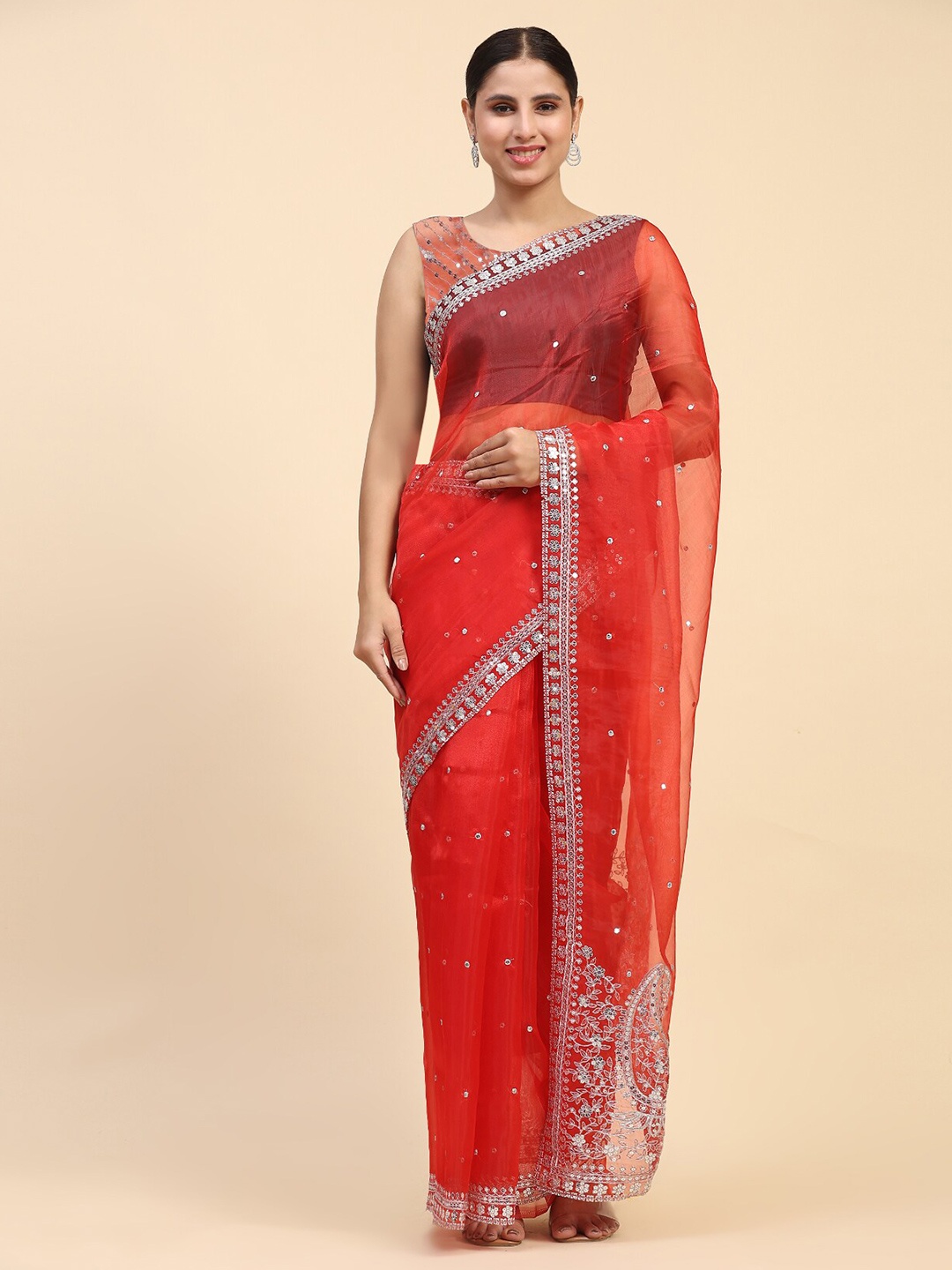 

Vastrasky Global Ethnic Motifs Embroidered Sequinned Organza Saree, Red