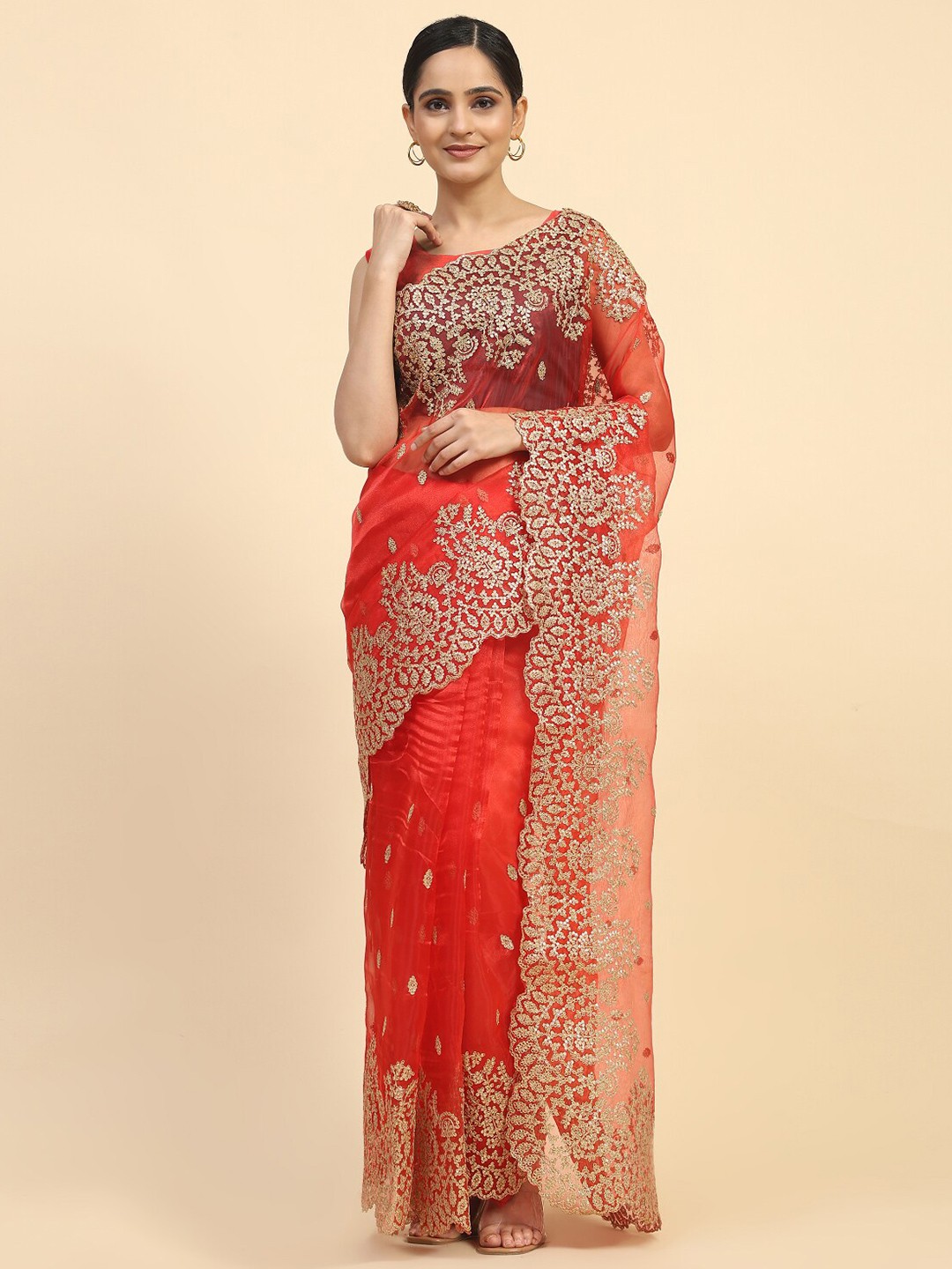

Vastrasky Global Embellished Embroidered Organza Saree, Red