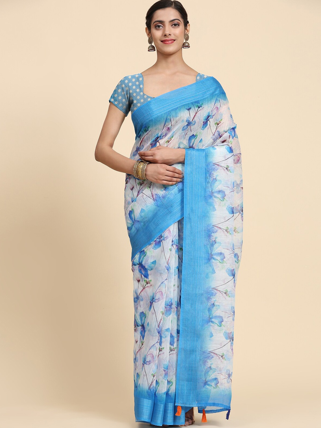 

Vastrasky Global Floral Printed Silk Cotton Saree, Blue