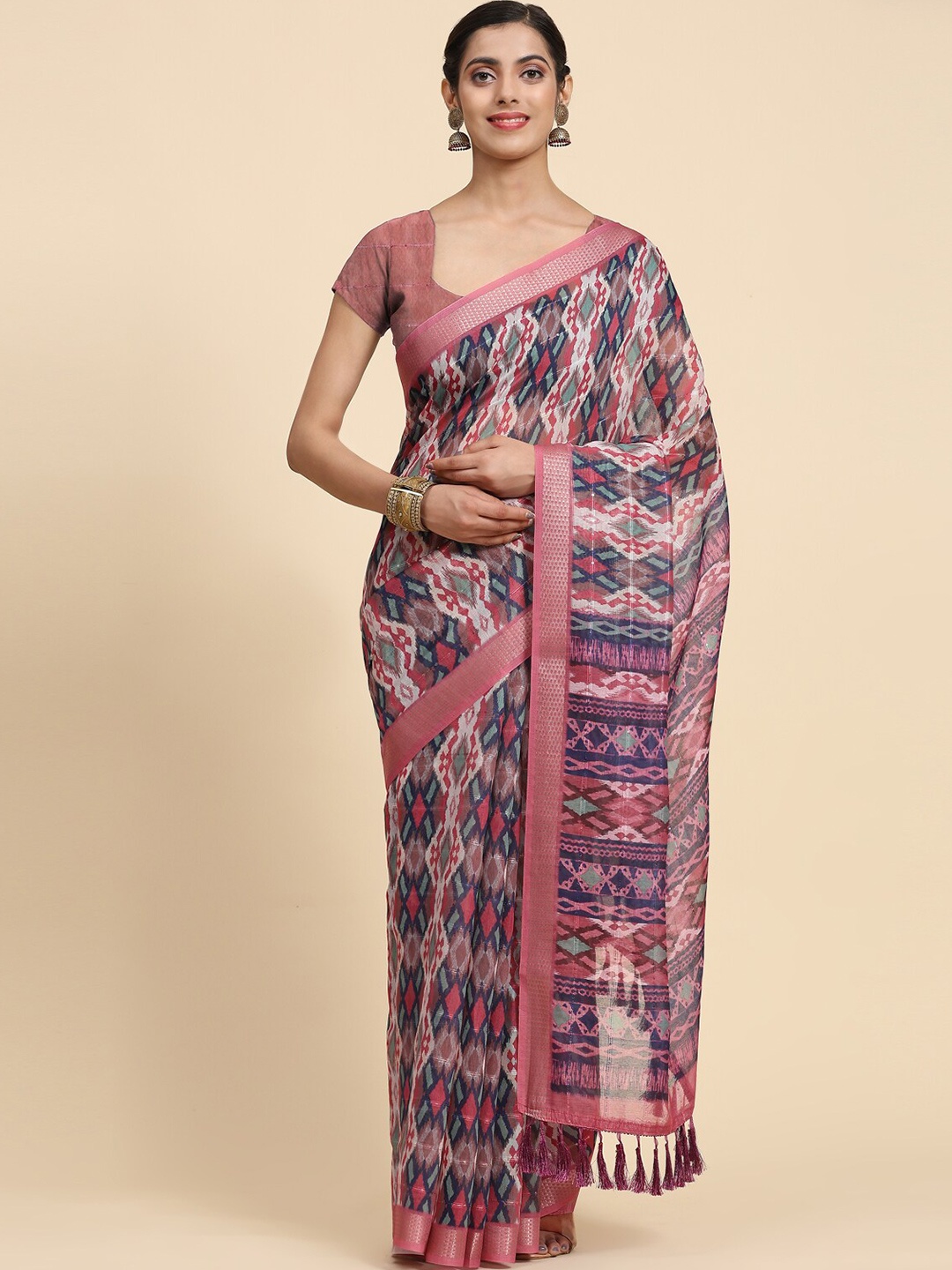 

Vastrasky Global Ethnic Motifs Printed Zari Detailed Silk Cotton Saree, Pink