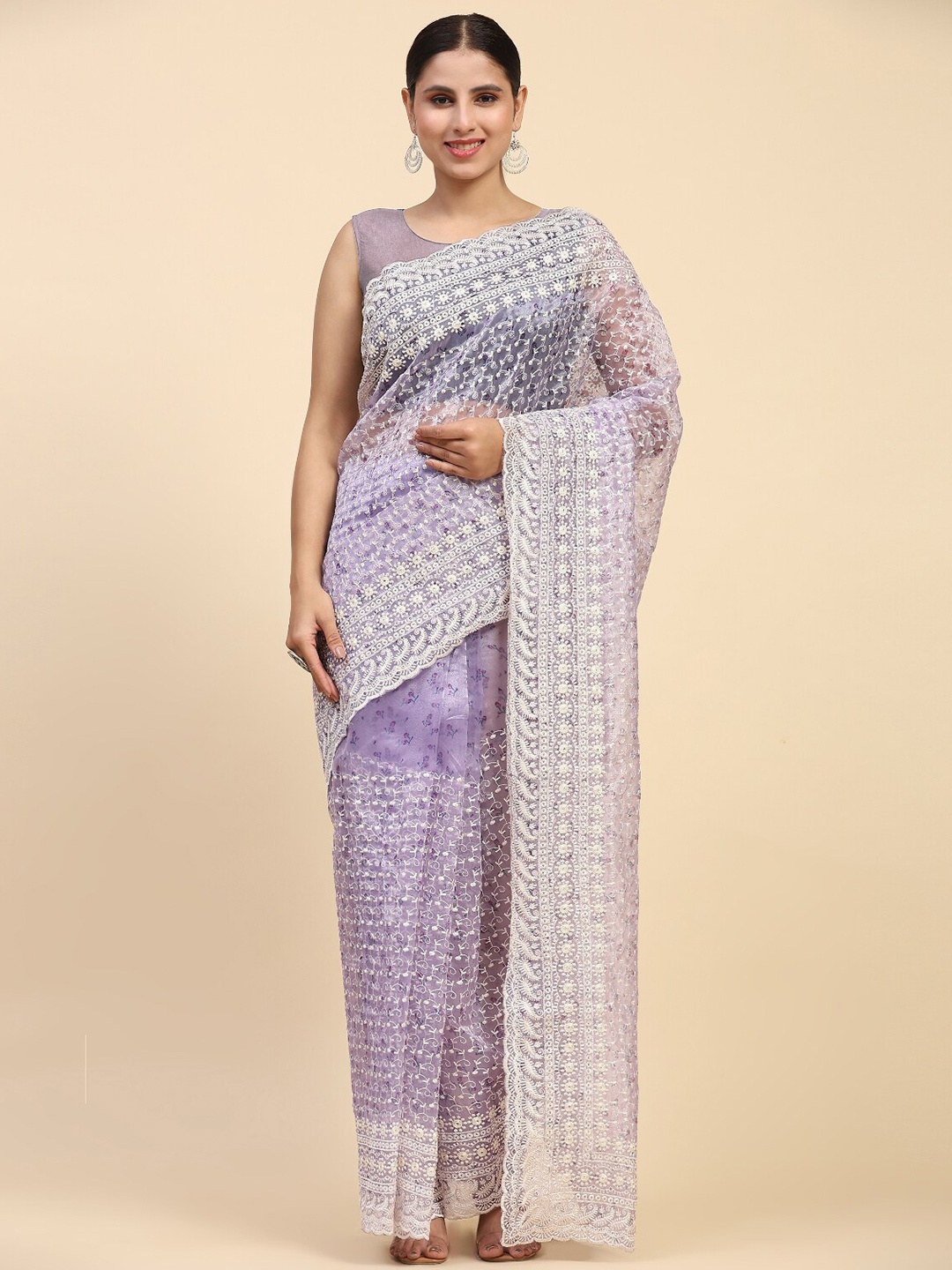 

Vastrasky Global Ethnic Motifs Embroidered Organza Saree, Lavender