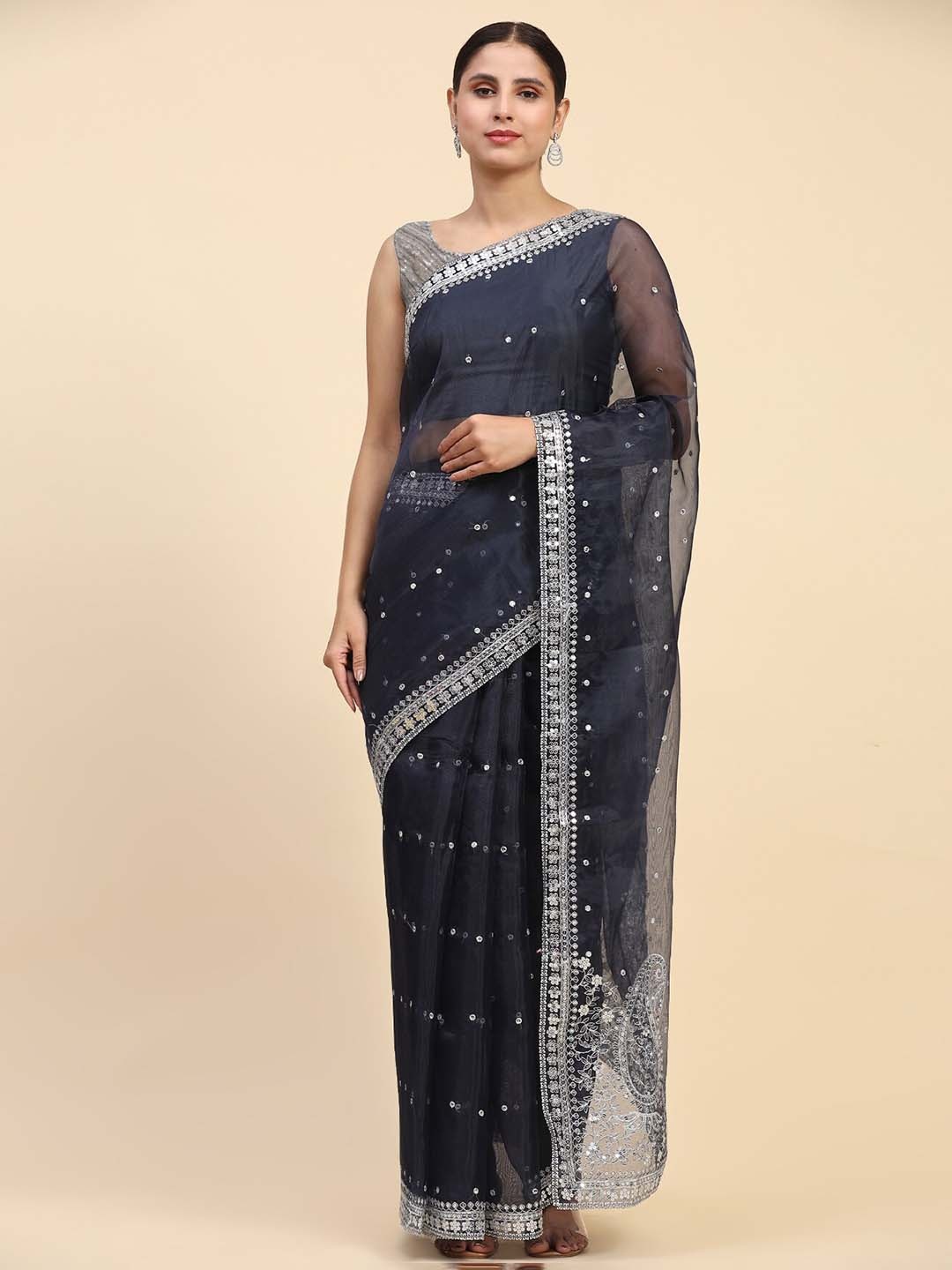 

Vastrasky Global Embellished Sequined Organza Saree, Blue