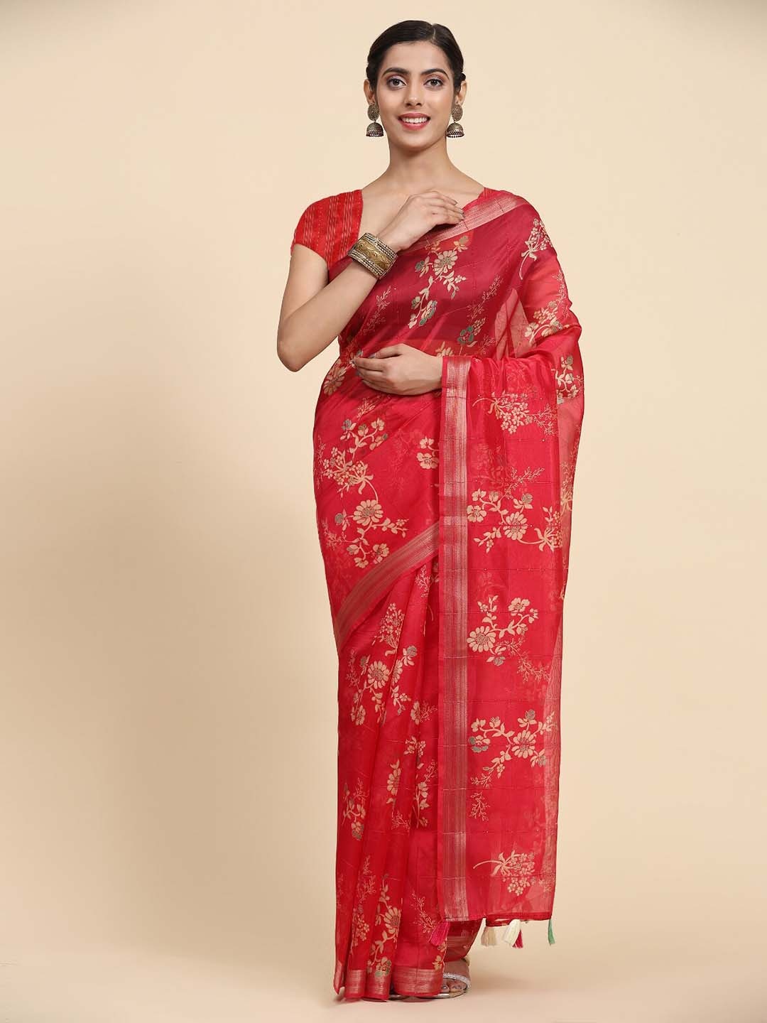 

Vastrasky Global Floral Woven Design Silk Cotton Saree, Red