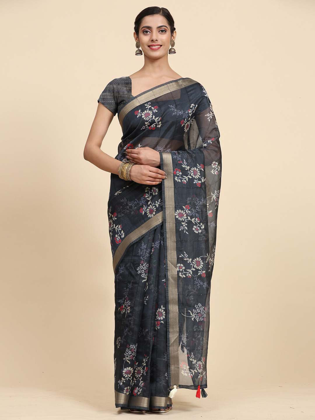 

Vastrasky Global Floral Printed Silk Cotton Saree, Navy blue
