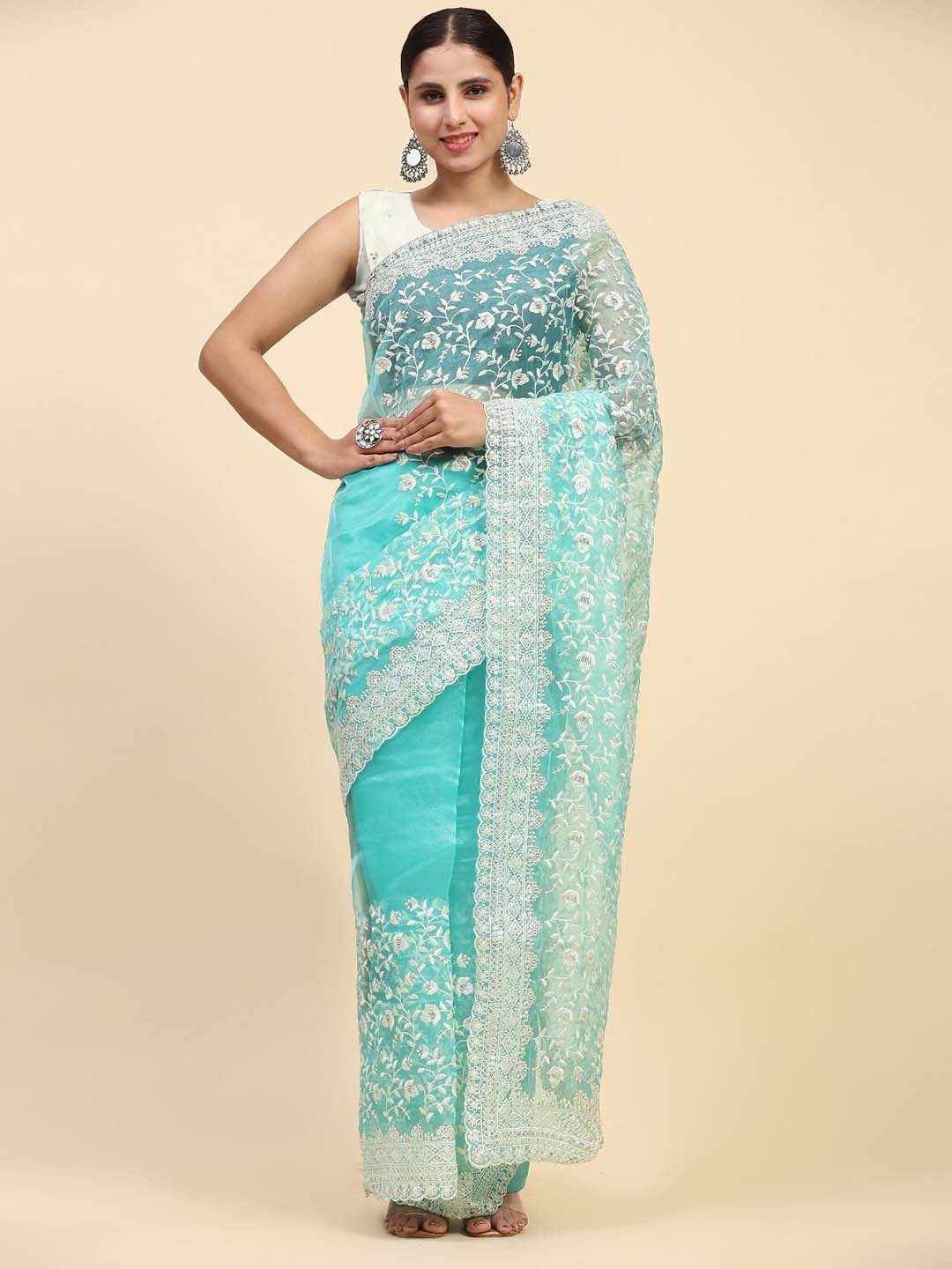 

Vastrasky Global Floral Embroidered Organza Saree, Blue