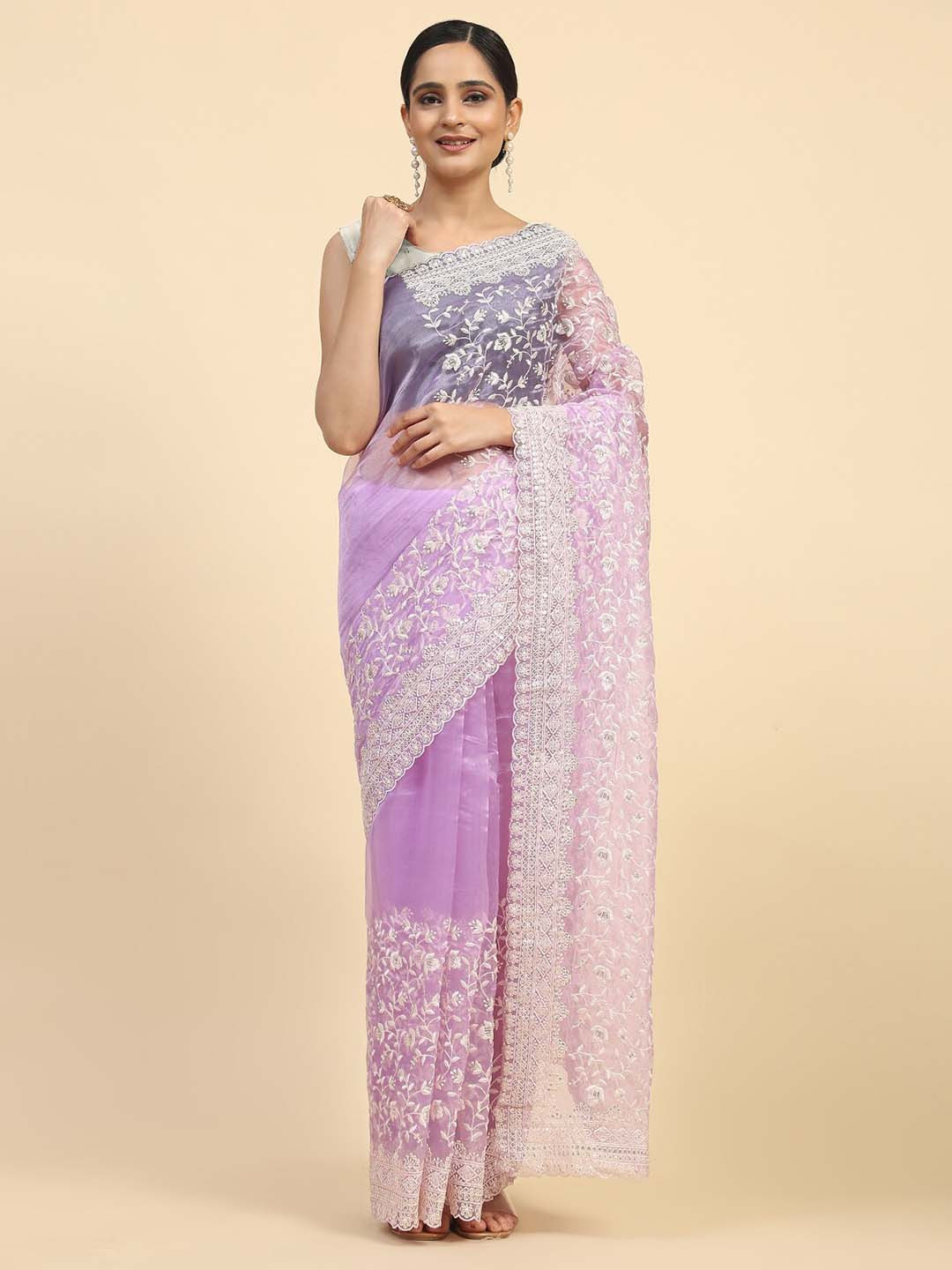 

Vastrasky Global Floral Embroidered Organza Saree, Lavender