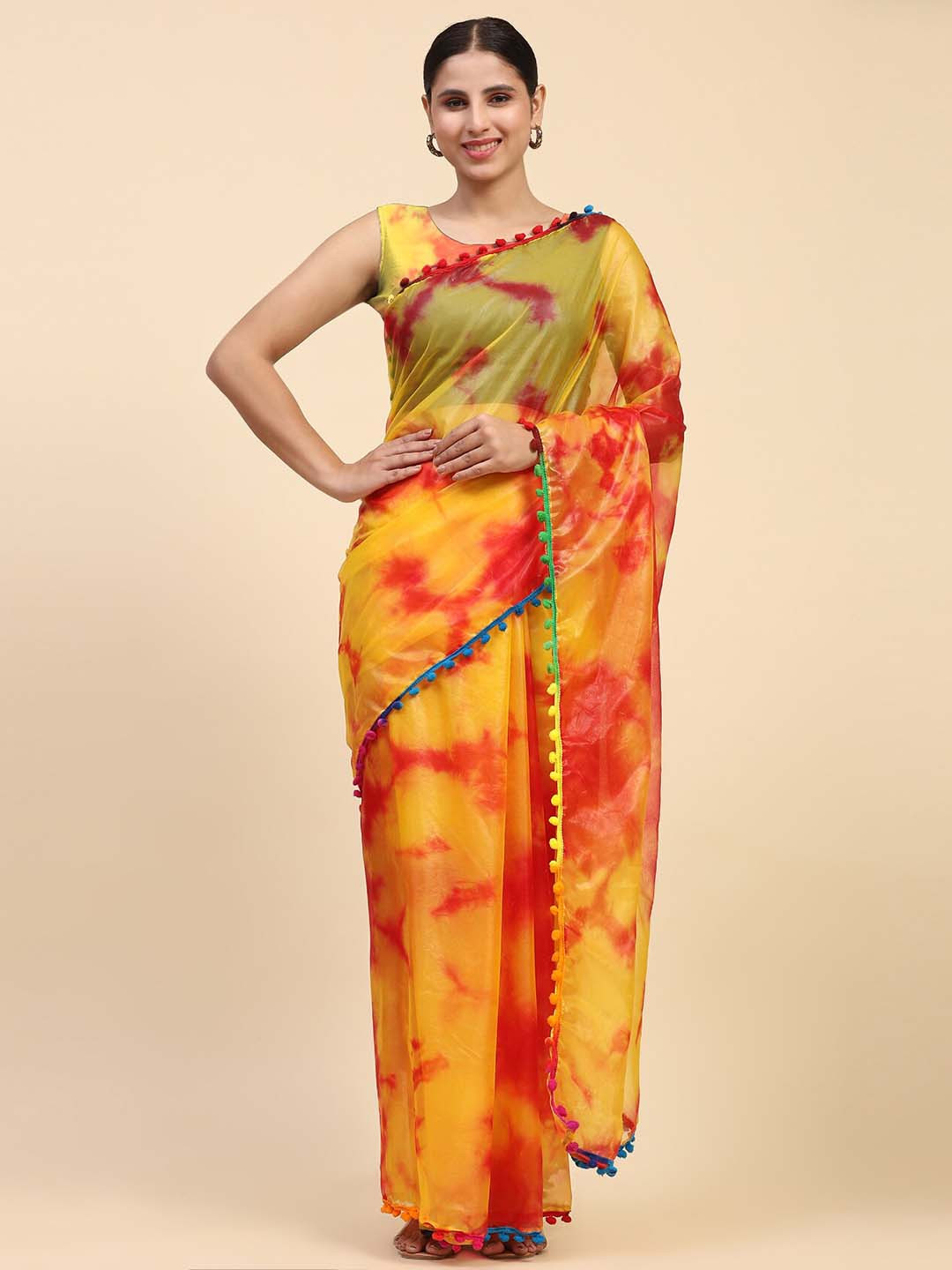 

Vastrasky Global Tie & Dye Organza Saree, Yellow