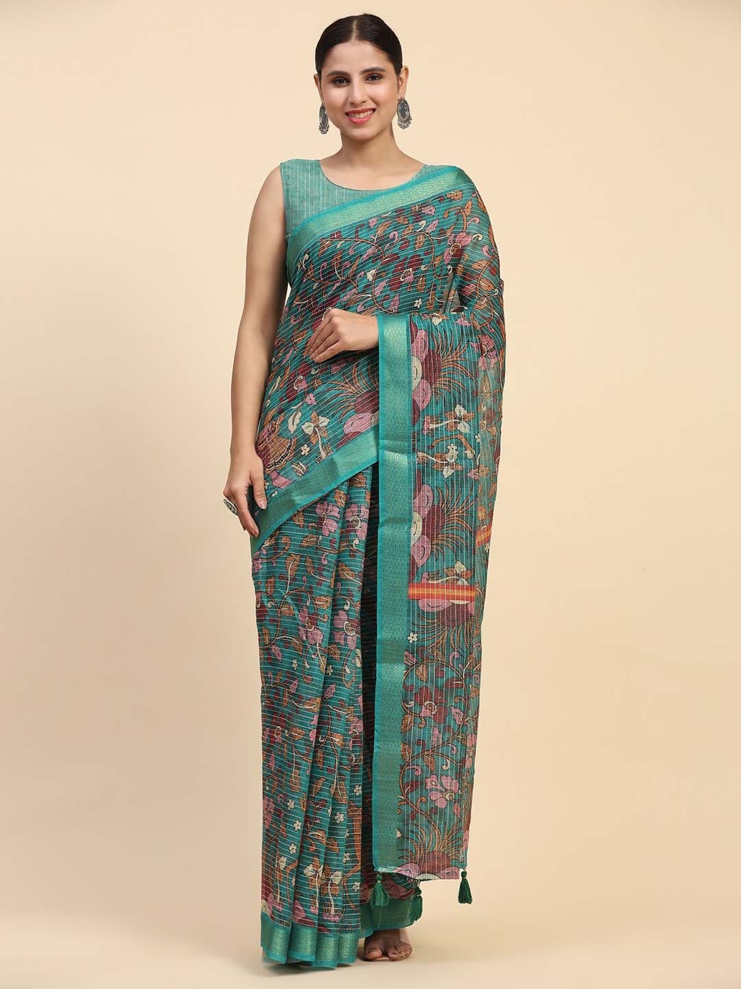 

Vastrasky Global Floral Printed Kantha Work Silk Cotton Saree, Green